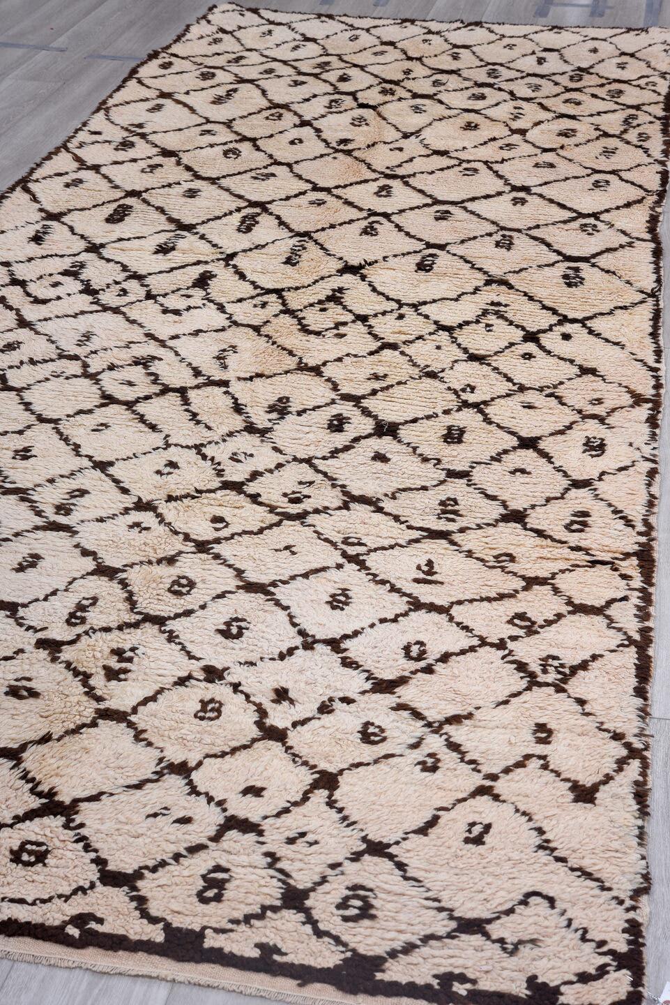 4' x 13' one-of-a-kind handmade antique Moroccan runner rug. Color palette: ivory, dark brown, espresso, brown, black