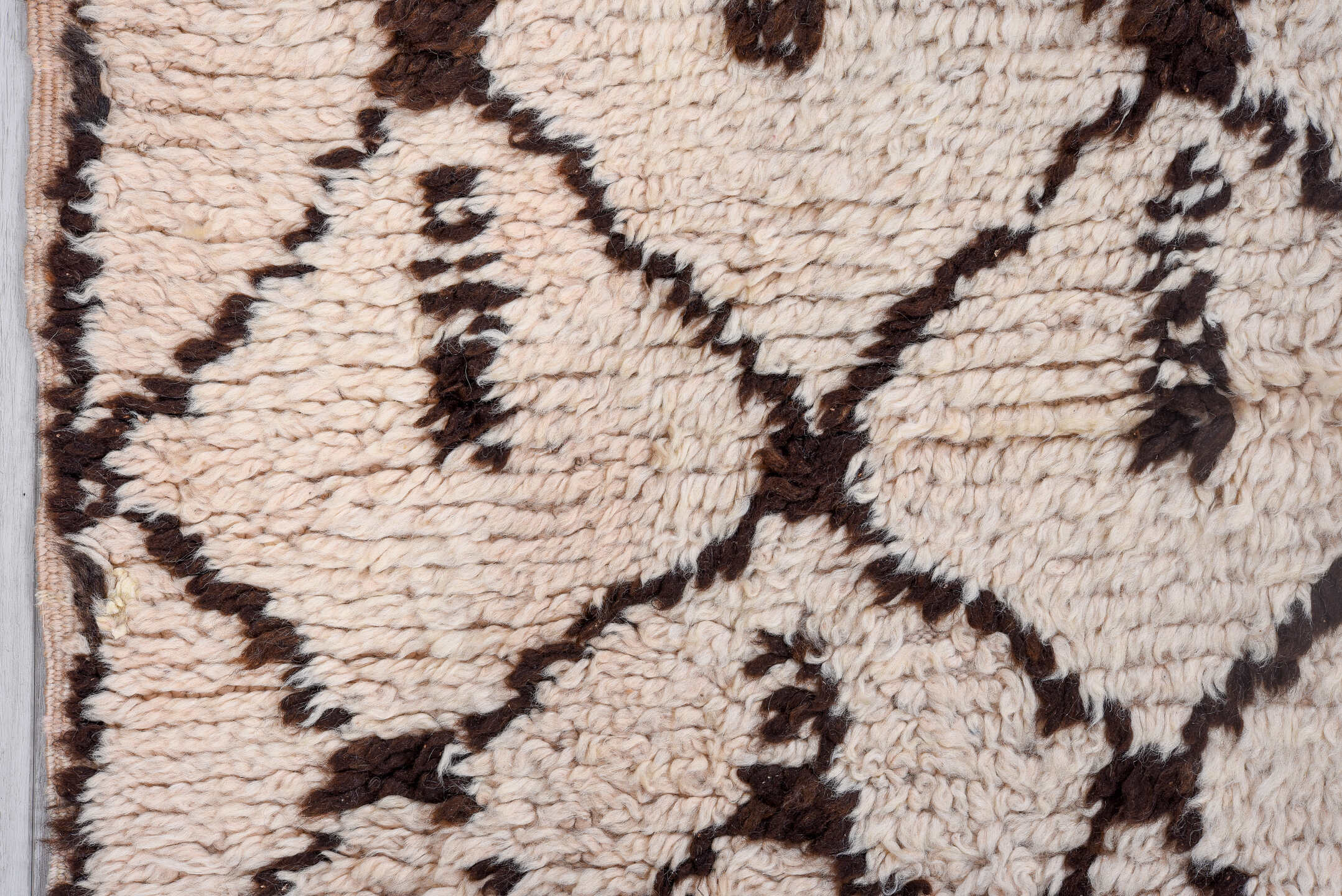4' x 13' one-of-a-kind handmade antique Moroccan runner rug. Color palette: ivory, dark brown, espresso, brown, black