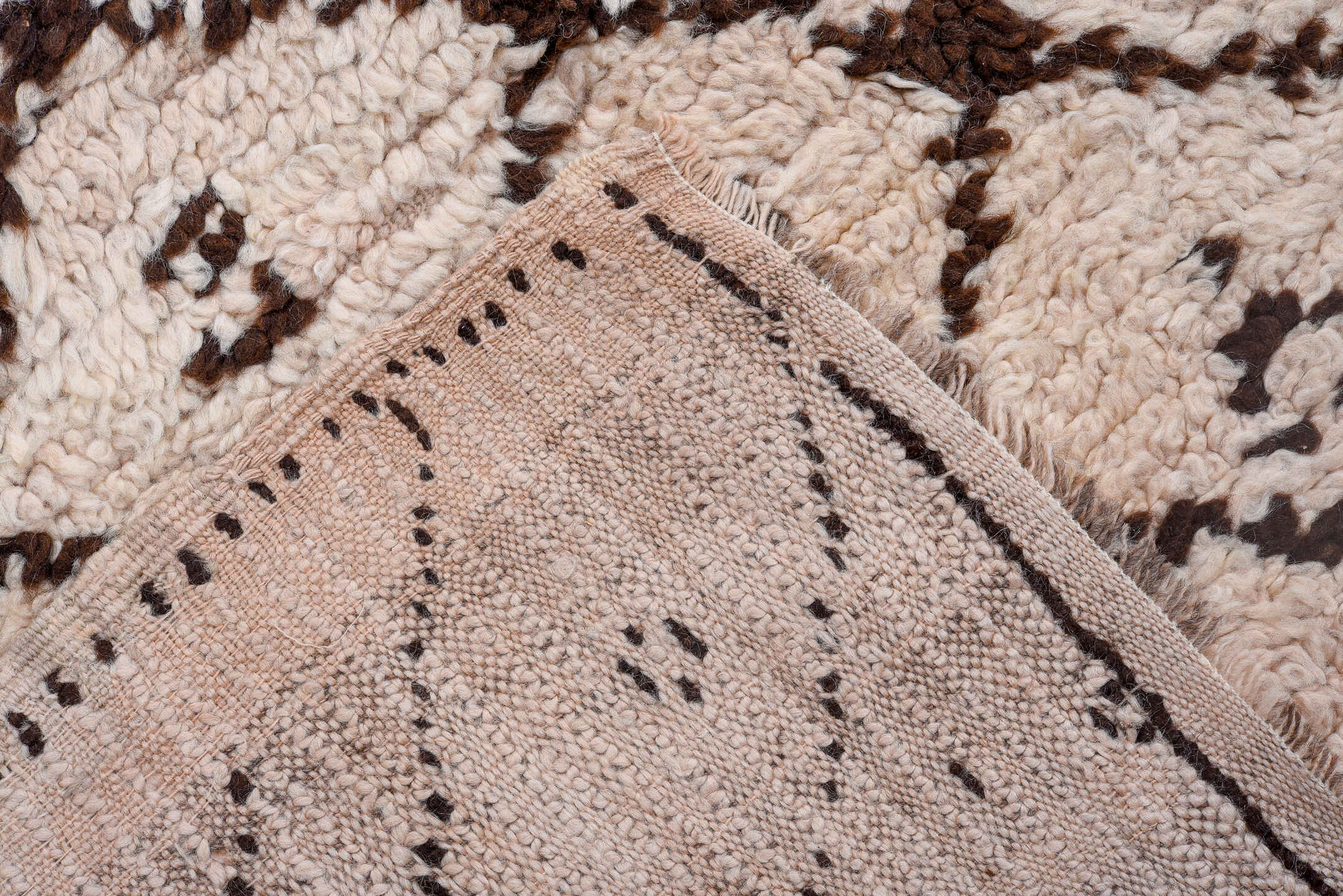 4' x 13' one-of-a-kind handmade antique Moroccan runner rug. Color palette: ivory, dark brown, espresso, brown, black
