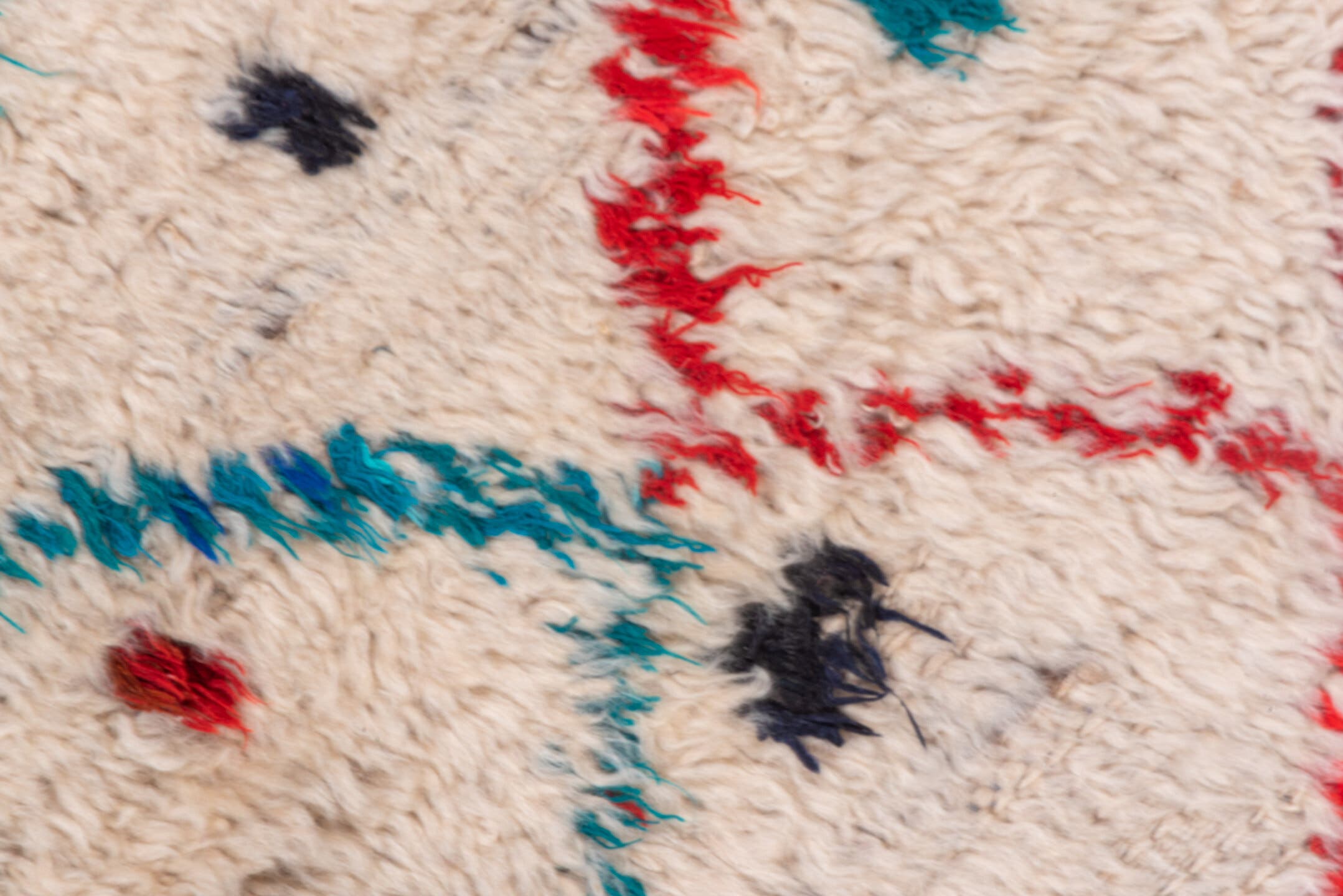 4' x 6' one-of-a-kind handmade vintage Moroccan small size rug. Color palette: ivory, turquoise, red, navy, black, teal