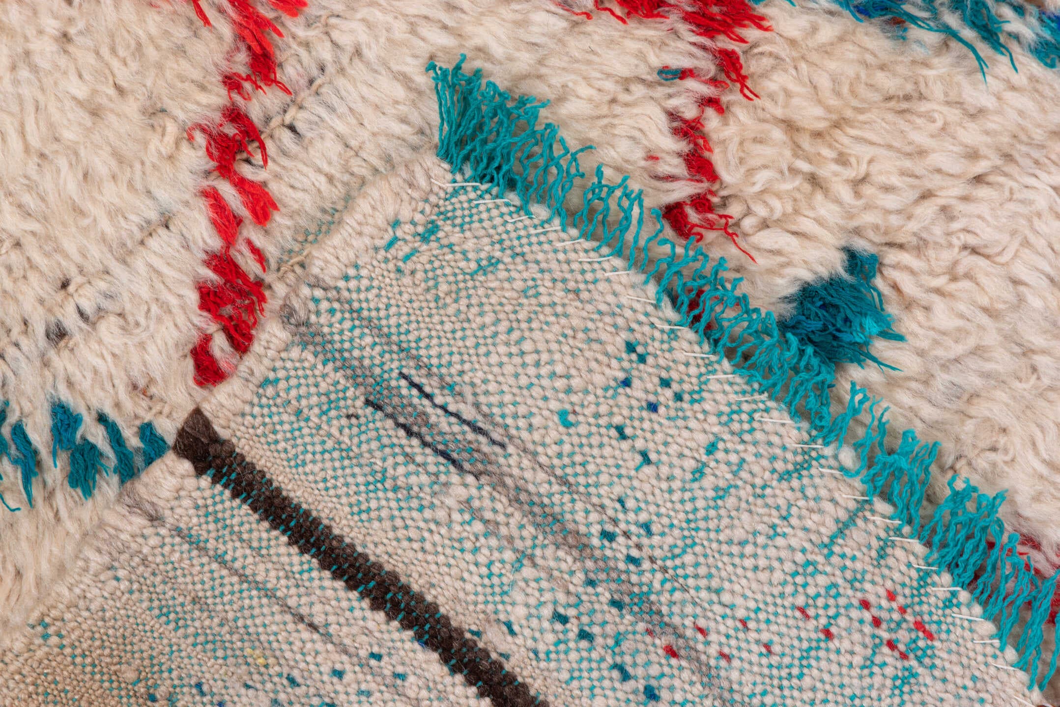 4' x 6' one-of-a-kind handmade vintage Moroccan small size rug. Color palette: ivory, turquoise, red, navy, black, teal