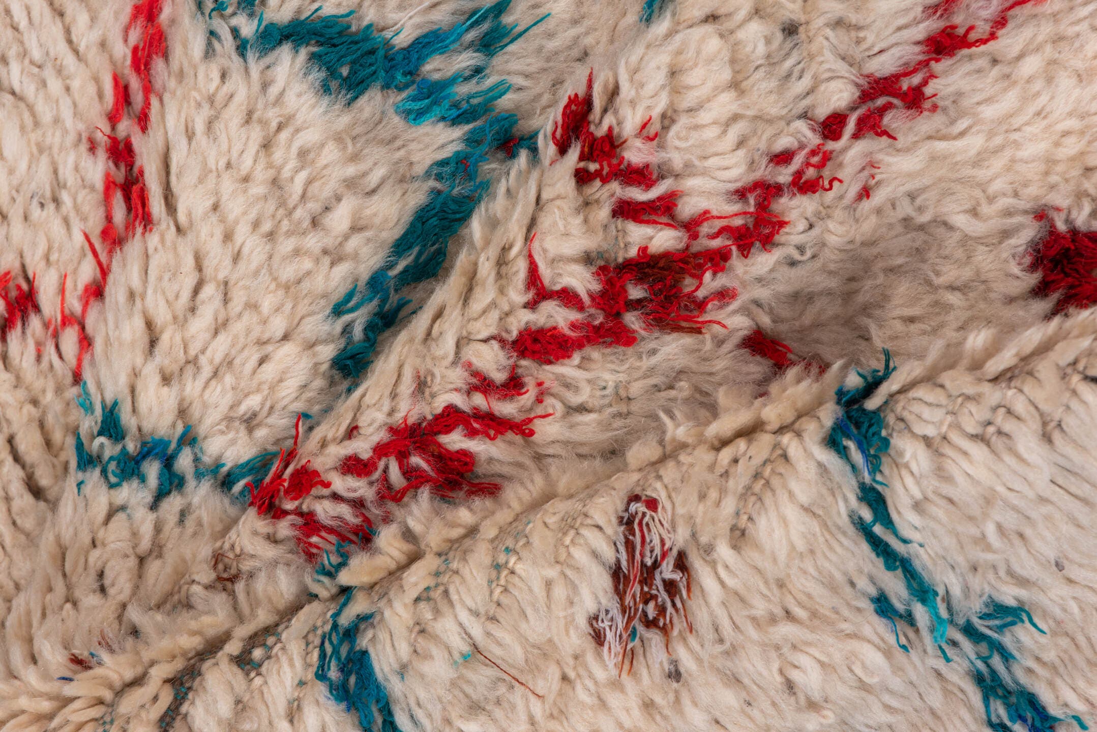 4' x 6' one-of-a-kind handmade vintage Moroccan small size rug. Color palette: ivory, turquoise, red, navy, black, teal