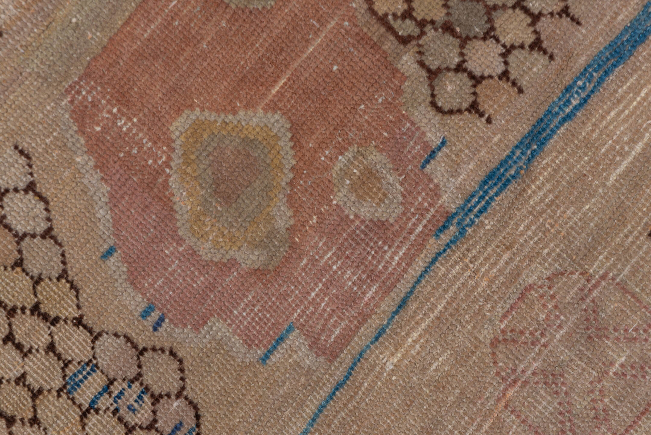 12' x 13' one-of-a-kind handmade antique Khotan oversize rug. Color palette: camel, taupe, brown, rose, ivory, slate, blue