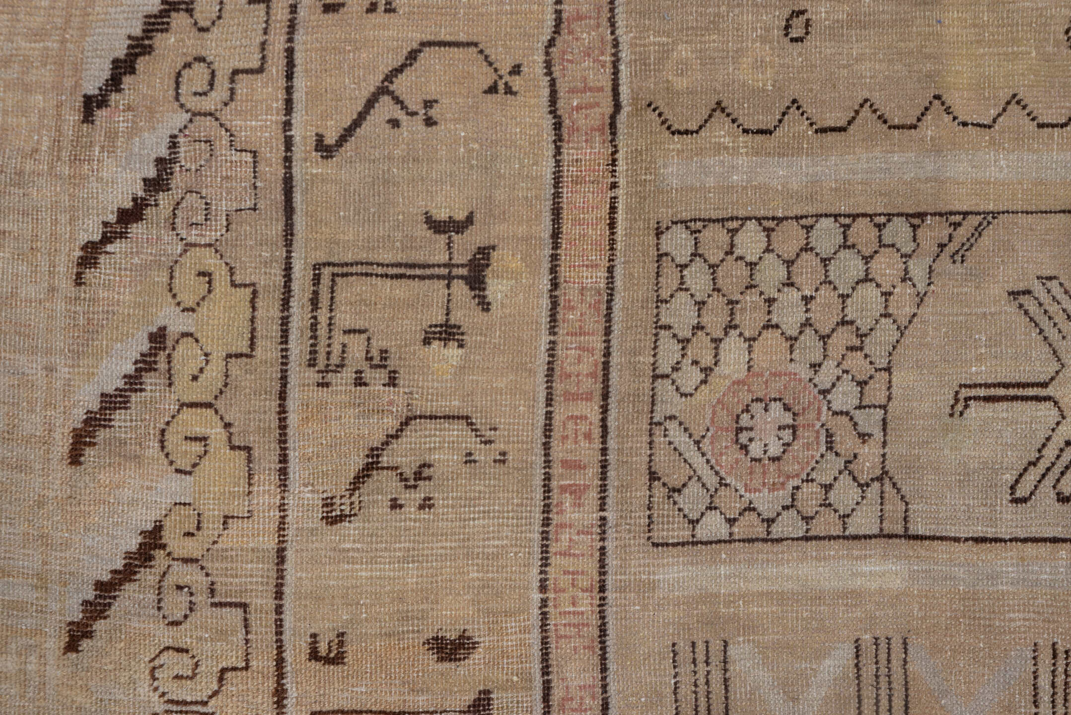 12' x 13' one-of-a-kind handmade antique Khotan oversize rug. Color palette: camel, taupe, brown, rose, ivory, slate, blue