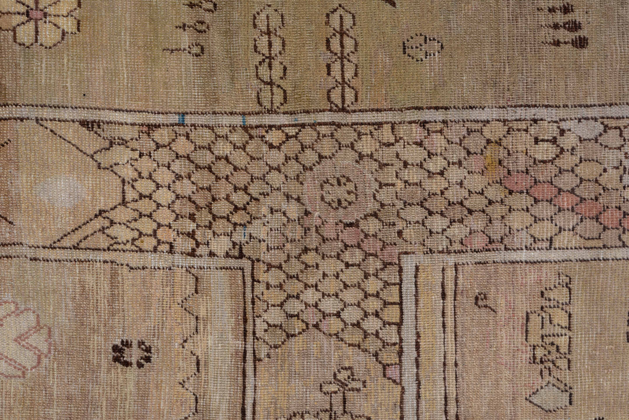 12' x 13' one-of-a-kind handmade antique Khotan oversize rug. Color palette: camel, taupe, brown, rose, ivory, slate, blue