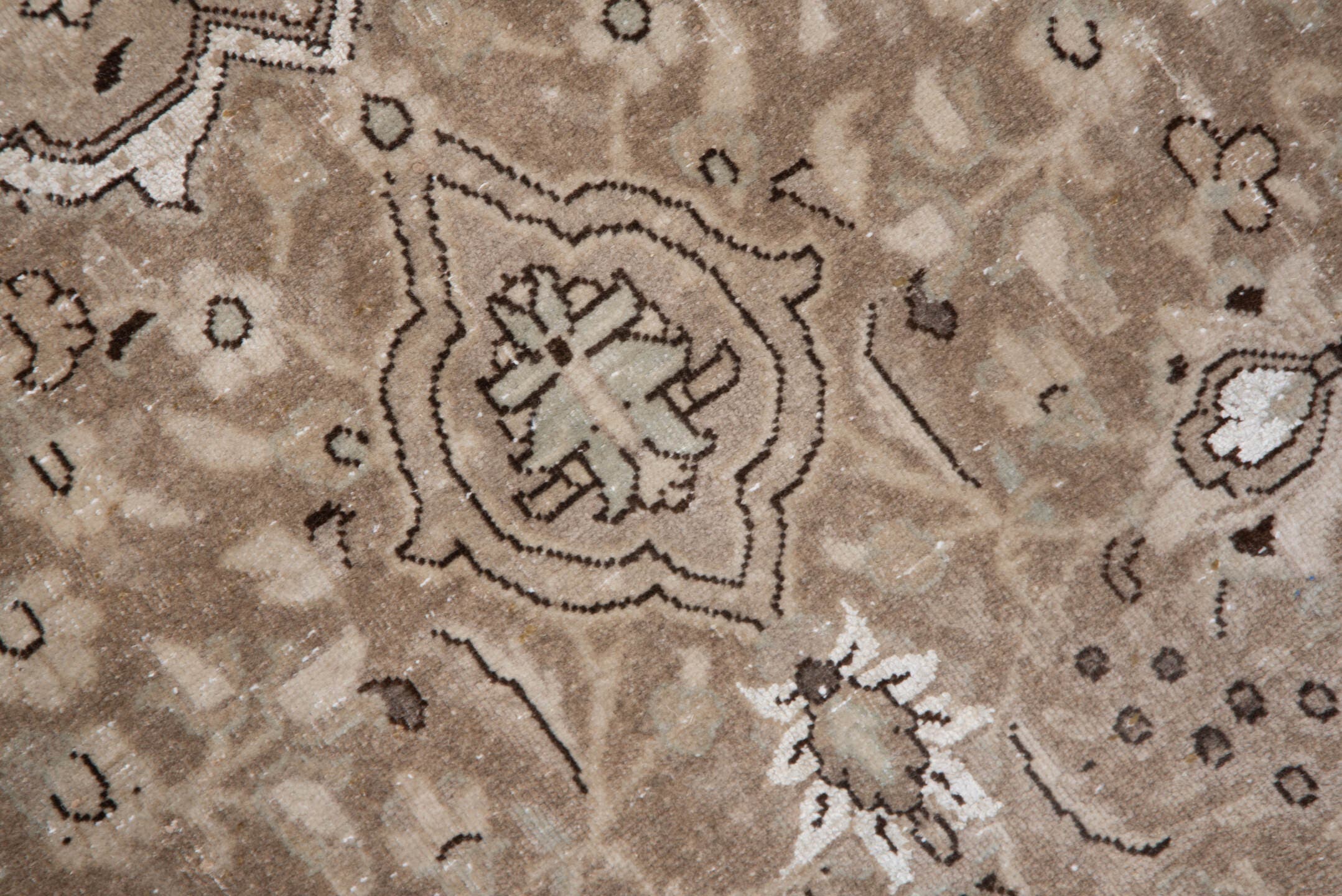7' x 10' one-of-a-kind handmade antique Sivas large size rug. Color palette: taupe, ivory, beige, brown, camel, charcoal