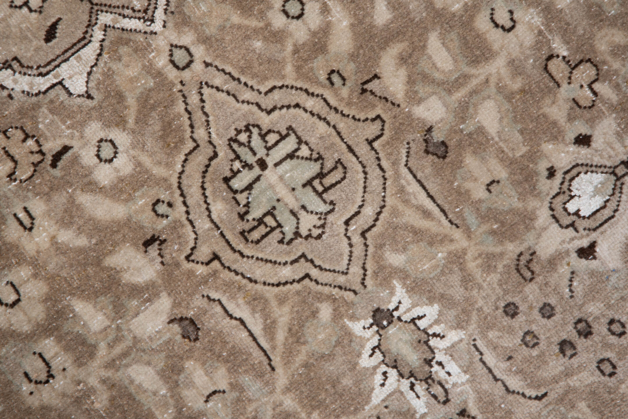 7' x 10' one-of-a-kind handmade antique Sivas large size rug. Color palette: taupe, ivory, beige, brown, camel, charcoal