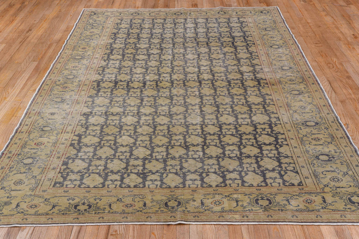 6' x 9' one-of-a-kind handmade antique Kaisary medium size rug. Color palette: ivory, taupe, charcoal, camel, rust, slate