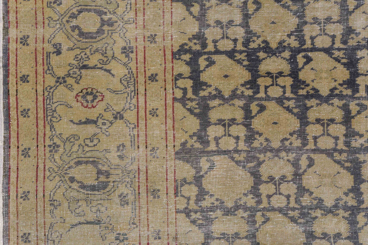 6' x 9' one-of-a-kind handmade antique Kaisary medium size rug. Color palette: ivory, taupe, charcoal, camel, rust, slate