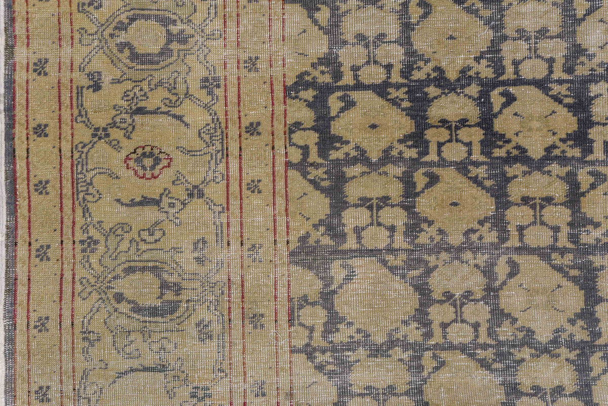 6' x 9' one-of-a-kind handmade antique Kaisary medium size rug. Color palette: ivory, taupe, charcoal, camel, rust, slate
