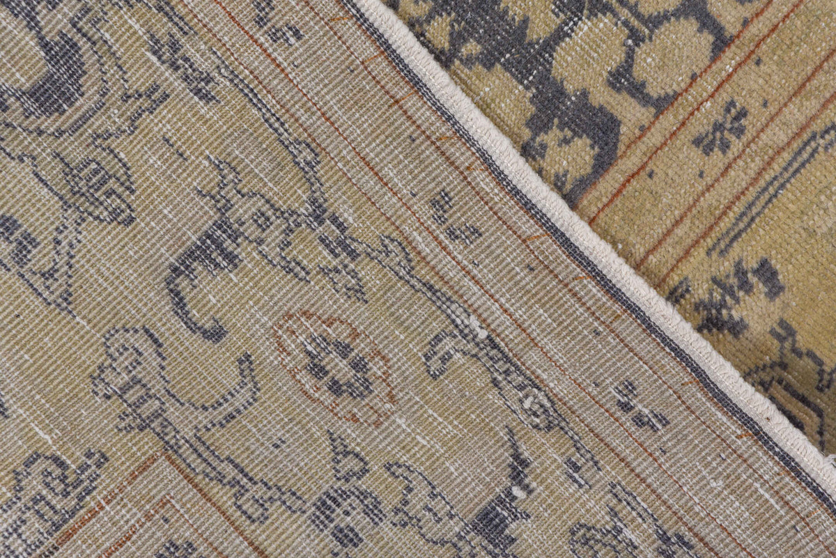 6' x 9' one-of-a-kind handmade antique Kaisary medium size rug. Color palette: ivory, taupe, charcoal, camel, rust, slate
