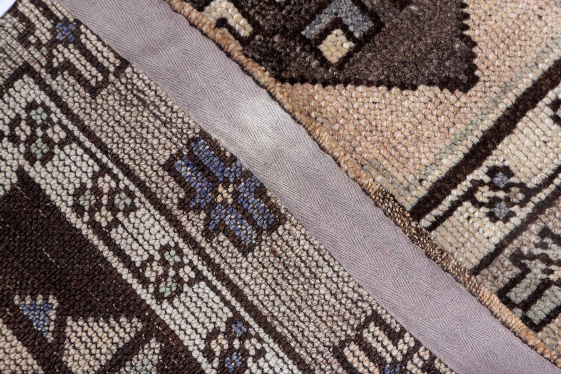 3' x 14' one-of-a-kind handmade vintage Oushak runner rug. Color palette: brown, gray, light gray, off-white, pink, snow