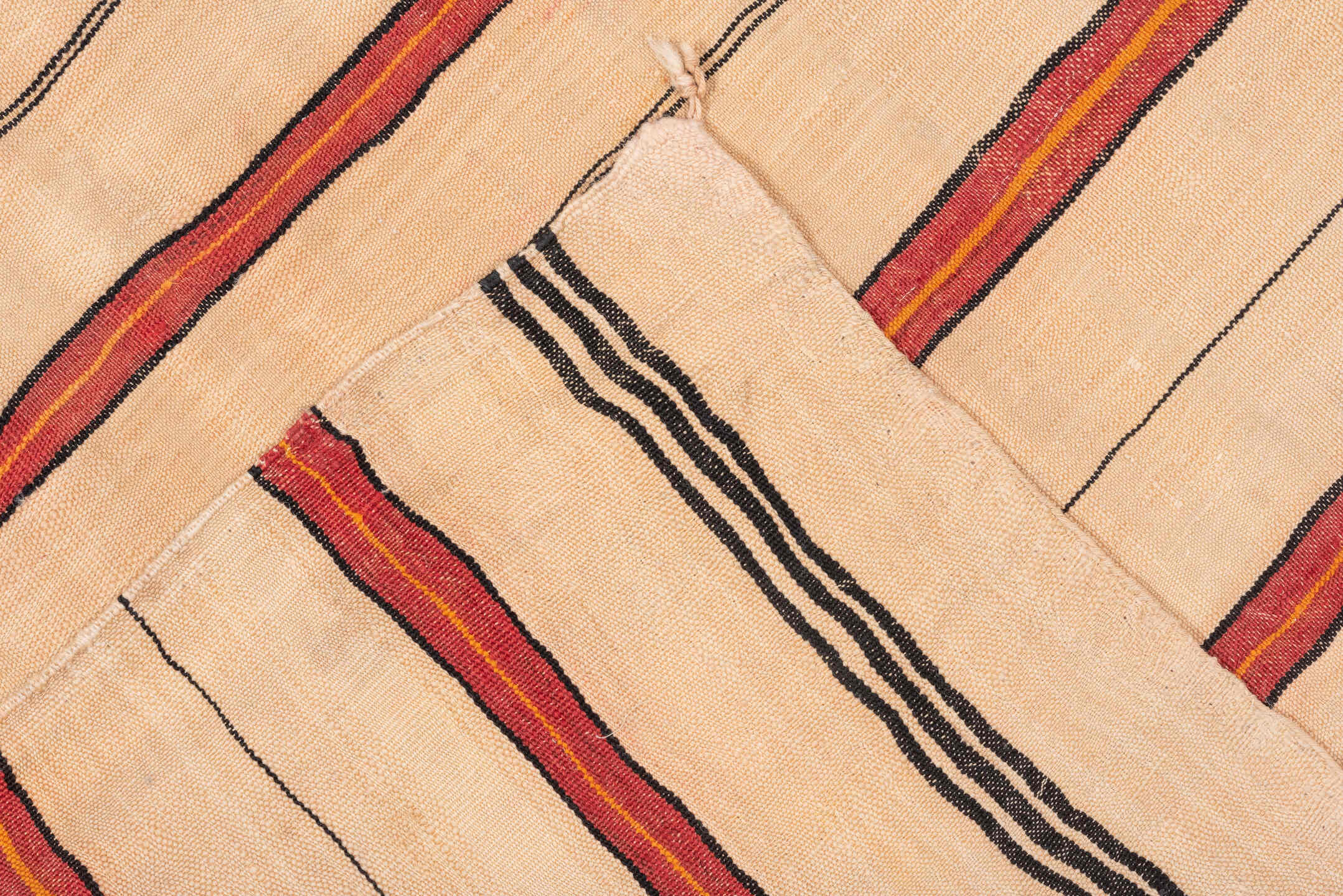 5' x 8' one-of-a-kind handmade vintage Kilim medium size rug. Color palette: brown, coral, fire brick, off-white, orange