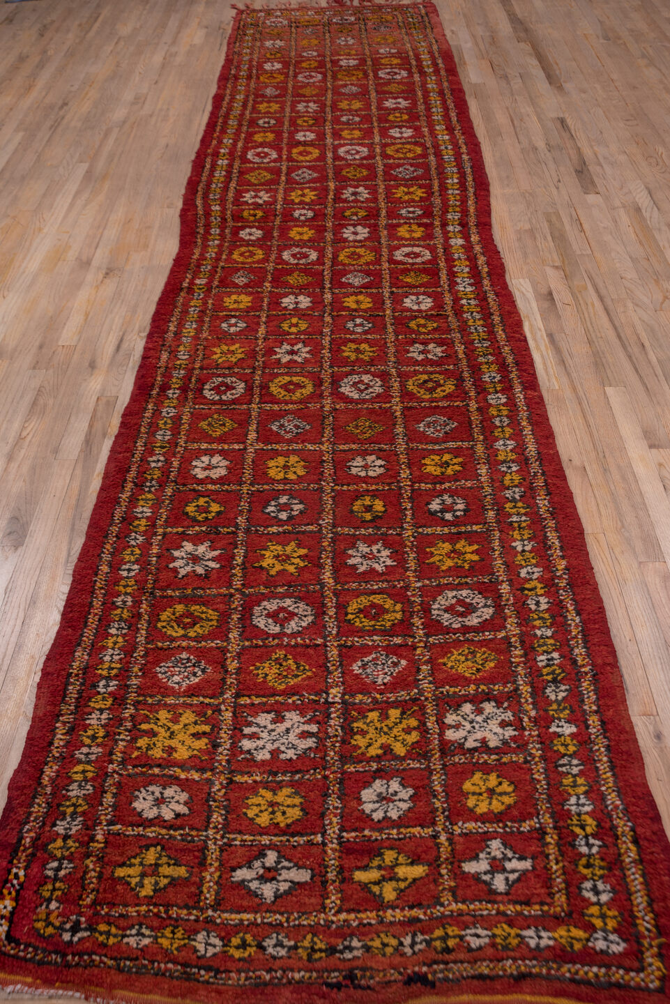 3' x 16' one-of-a-kind handmade vintage Moroccan runner rug. Color palette: brown, gray, pink, red, sienna