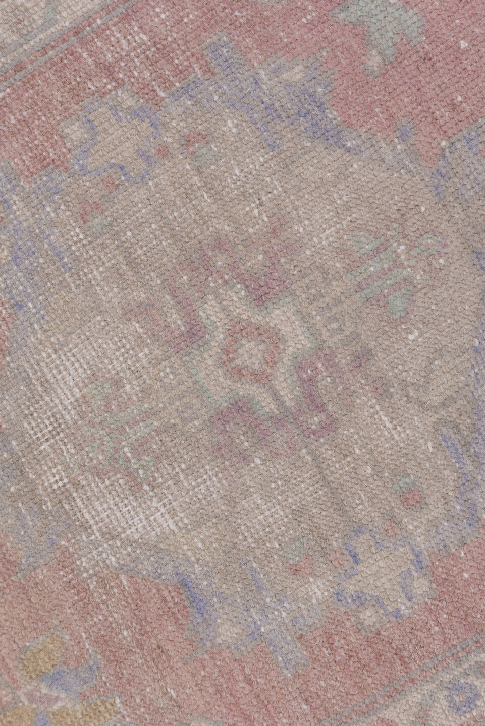 3' x 10' one-of-a-kind handmade vintage Oushak runner rug. Color palette: rose, taupe, ivory, lavender, sage, dusty blue