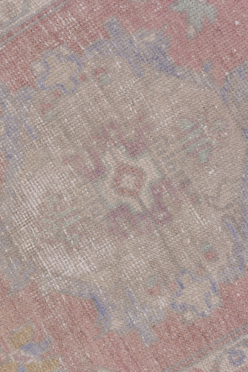 3' x 10' one-of-a-kind handmade vintage Oushak runner rug. Color palette: rose, taupe, ivory, lavender, sage, dusty blue