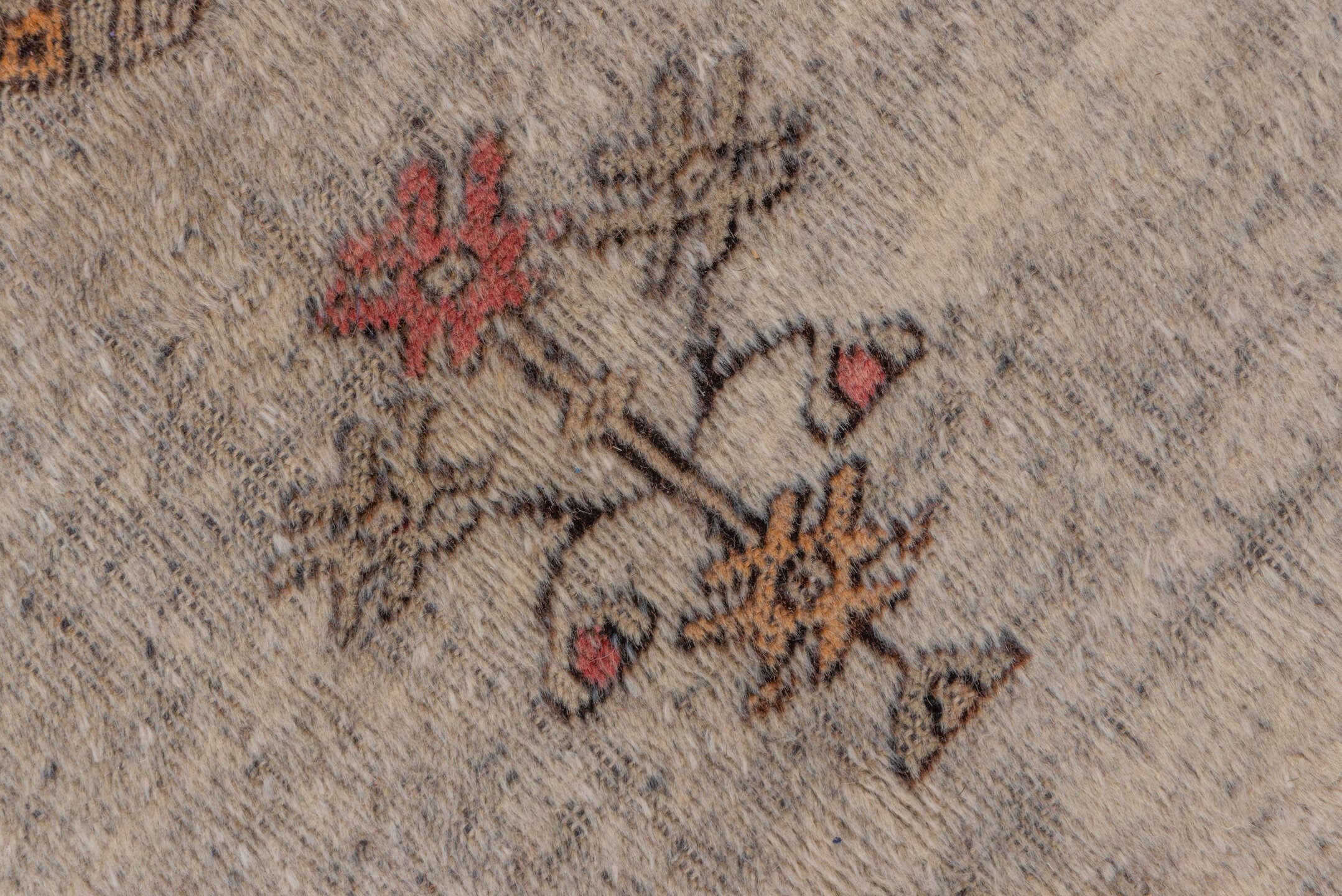 6' x 9' one-of-a-kind handmade vintage Oushak medium size rug. Color palette: ivory, rust, burgundy, taupe, gold, brown