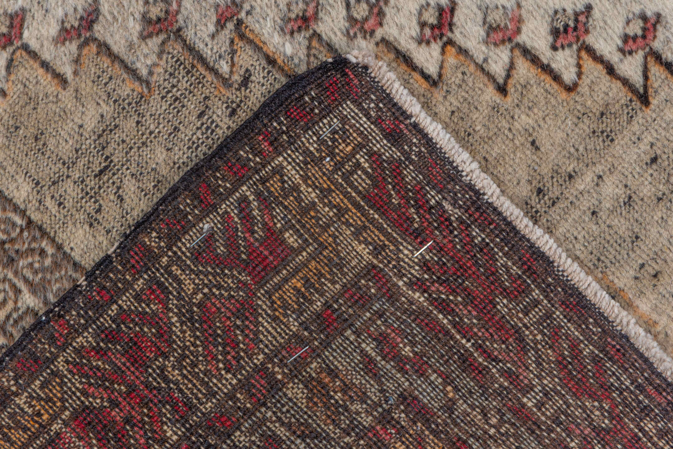 6' x 9' one-of-a-kind handmade vintage Oushak medium size rug. Color palette: ivory, rust, burgundy, taupe, gold, brown