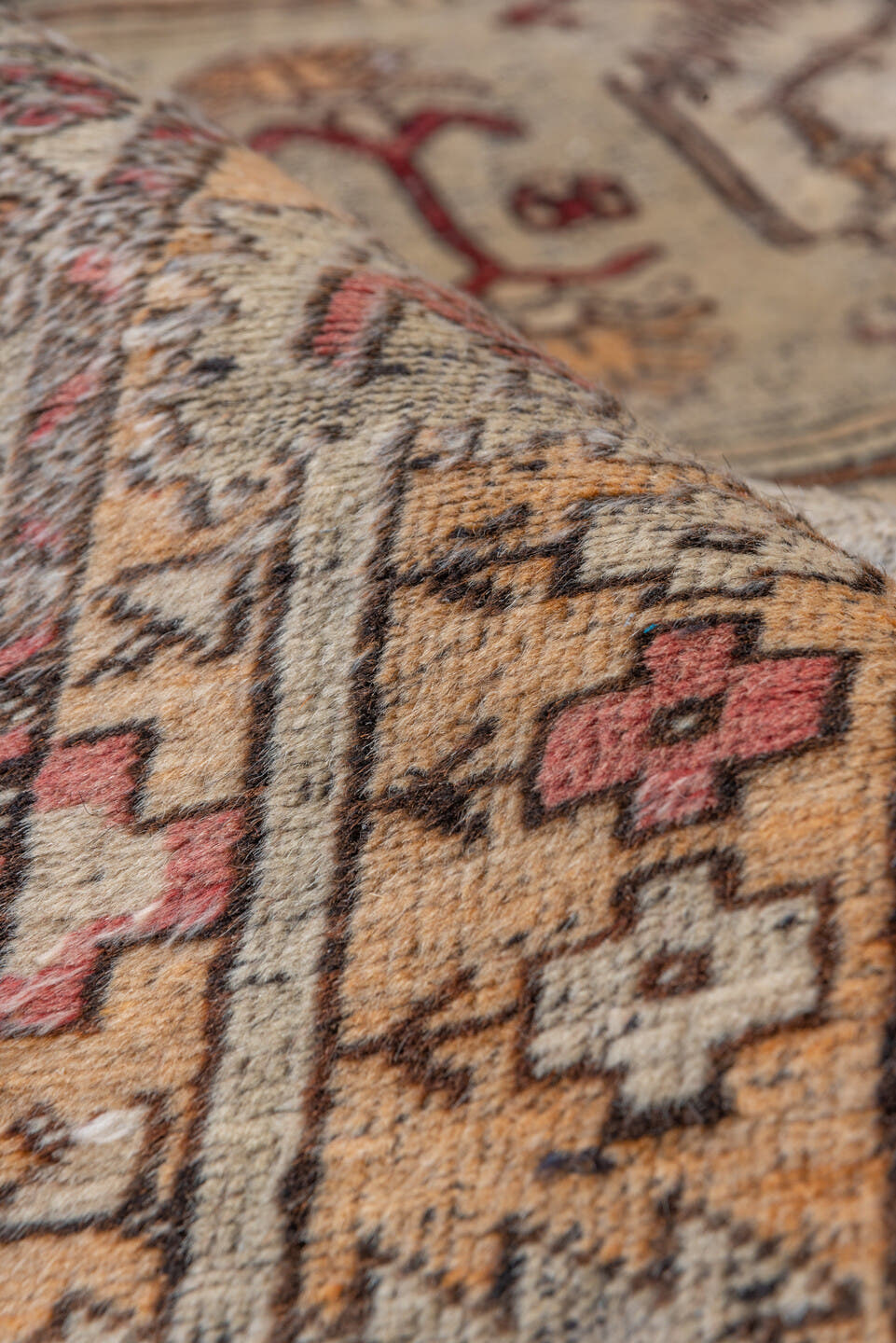 6' x 9' one-of-a-kind handmade vintage Oushak medium size rug. Color palette: ivory, rust, burgundy, taupe, gold, brown