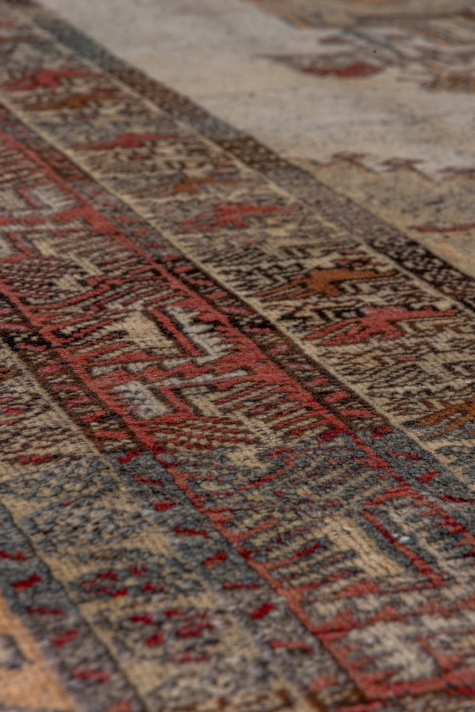 6' x 9' one-of-a-kind handmade vintage Oushak medium size rug. Color palette: ivory, rust, burgundy, taupe, gold, brown