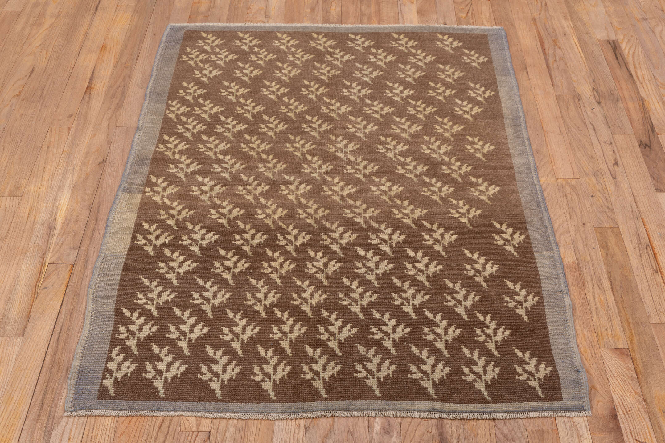 3' x 4' one-of-a-kind handmade vintage Tulu small size rug. Color palette: brown, gray, light gray, off-white, orange, pink