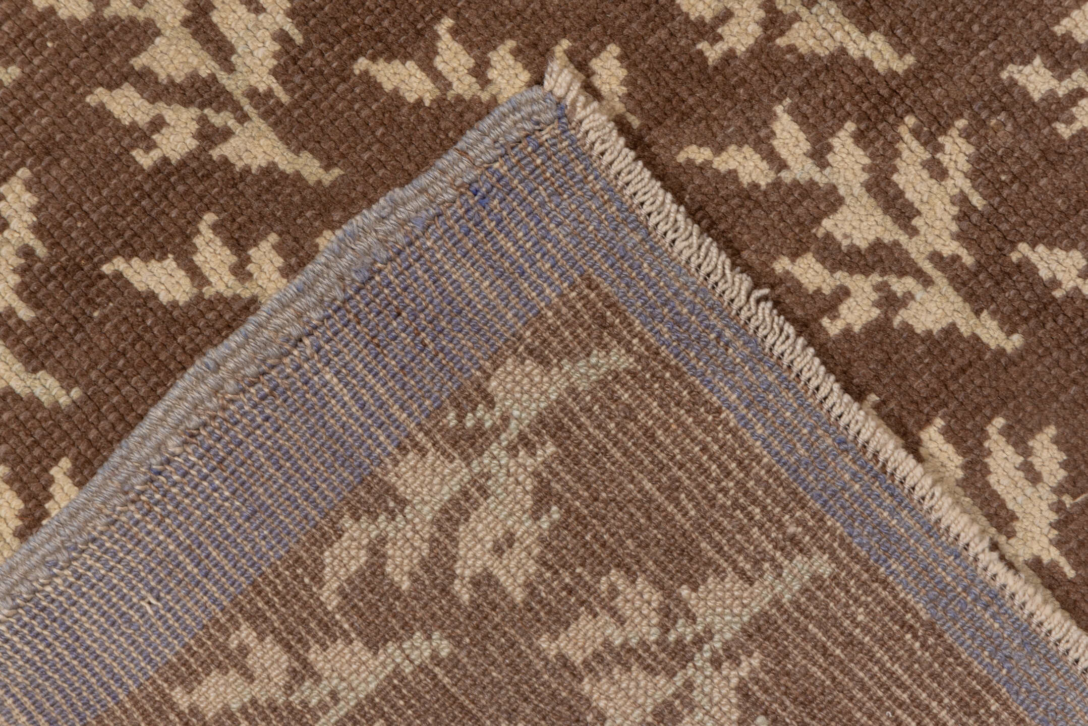 3' x 4' one-of-a-kind handmade vintage Tulu small size rug. Color palette: brown, gray, light gray, off-white, orange, pink