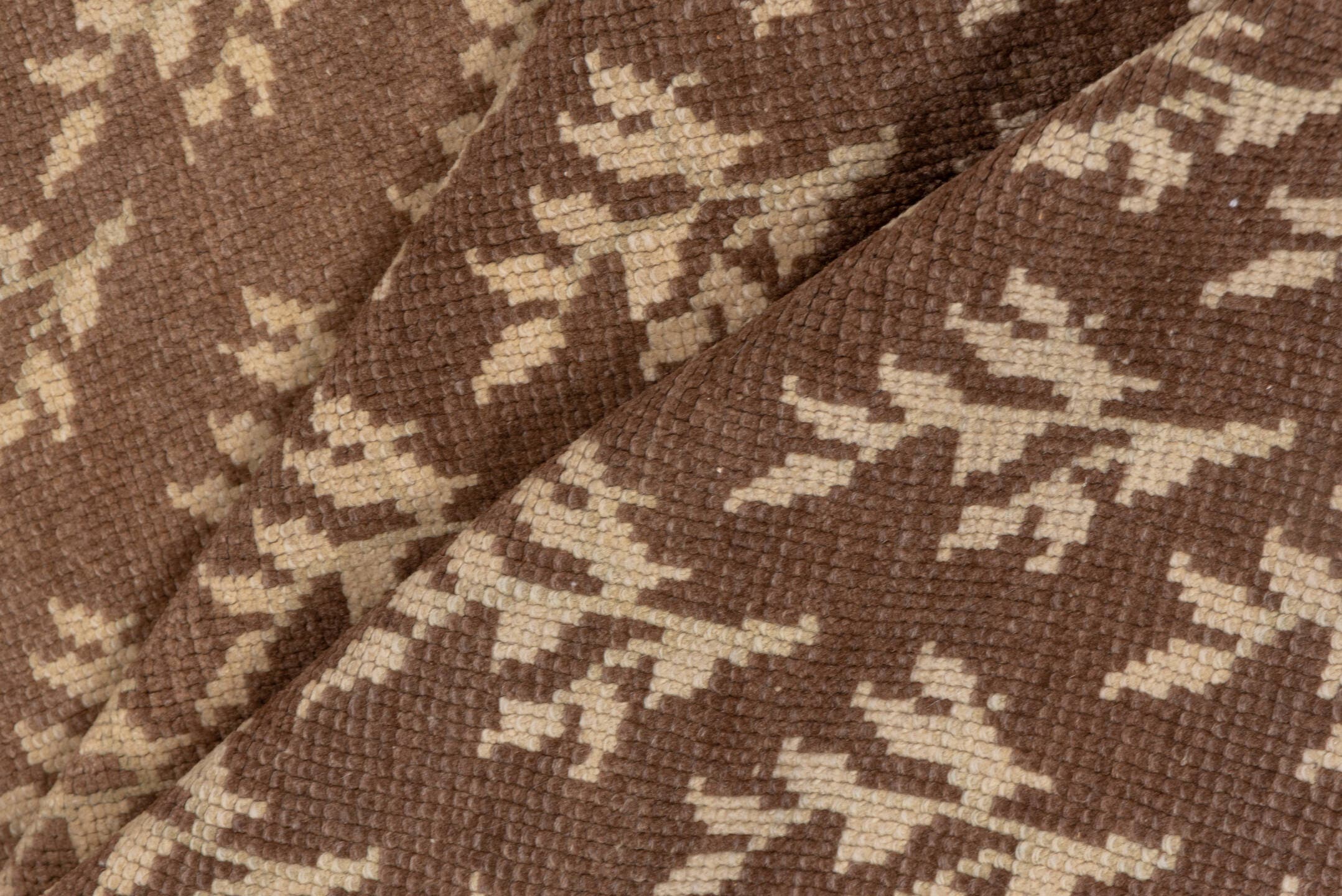 3' x 4' one-of-a-kind handmade vintage Tulu small size rug. Color palette: brown, ivory, taupe, camel, beige, gray