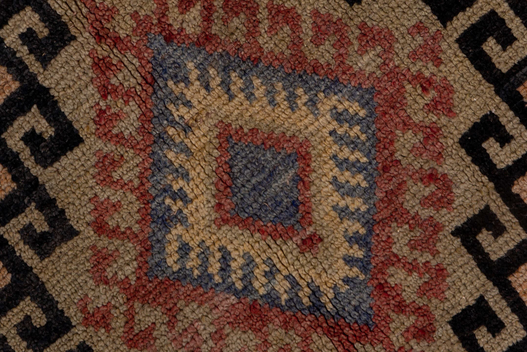 4' x 10' one-of-a-kind handmade vintage Oushak runner rug. Color palette: camel, rust, blue, ivory, charcoal, rose, taupe