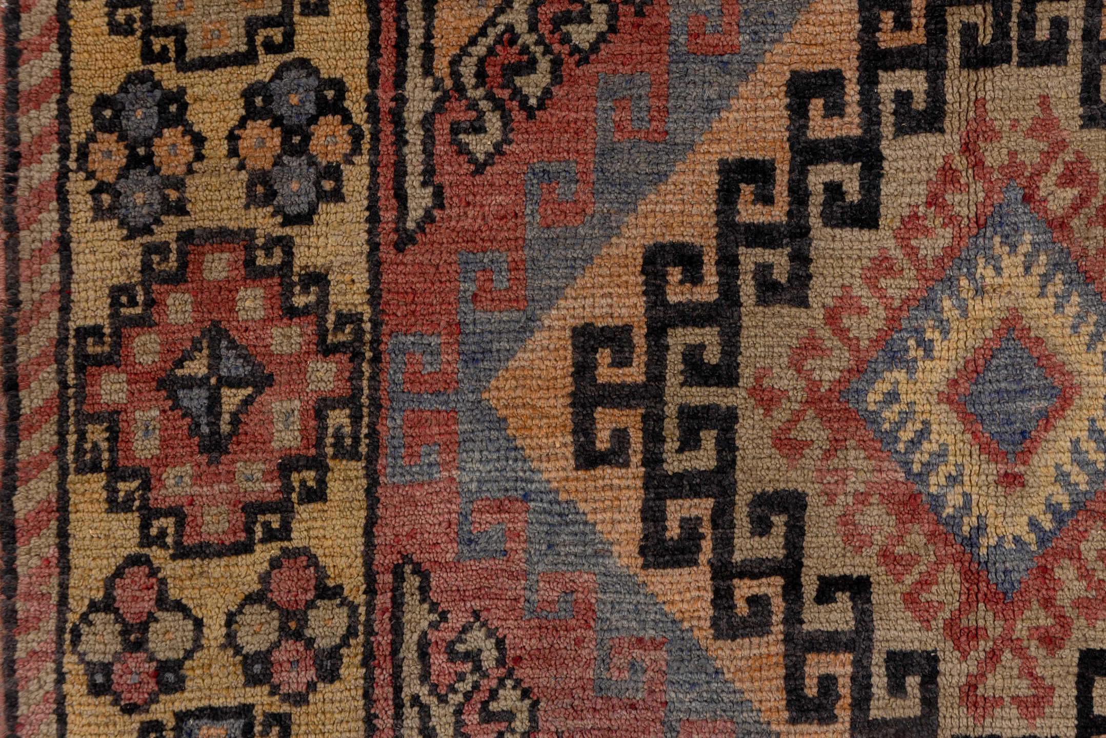 4' x 10' one-of-a-kind handmade vintage Oushak runner rug. Color palette: camel, rust, blue, ivory, charcoal, rose, taupe
