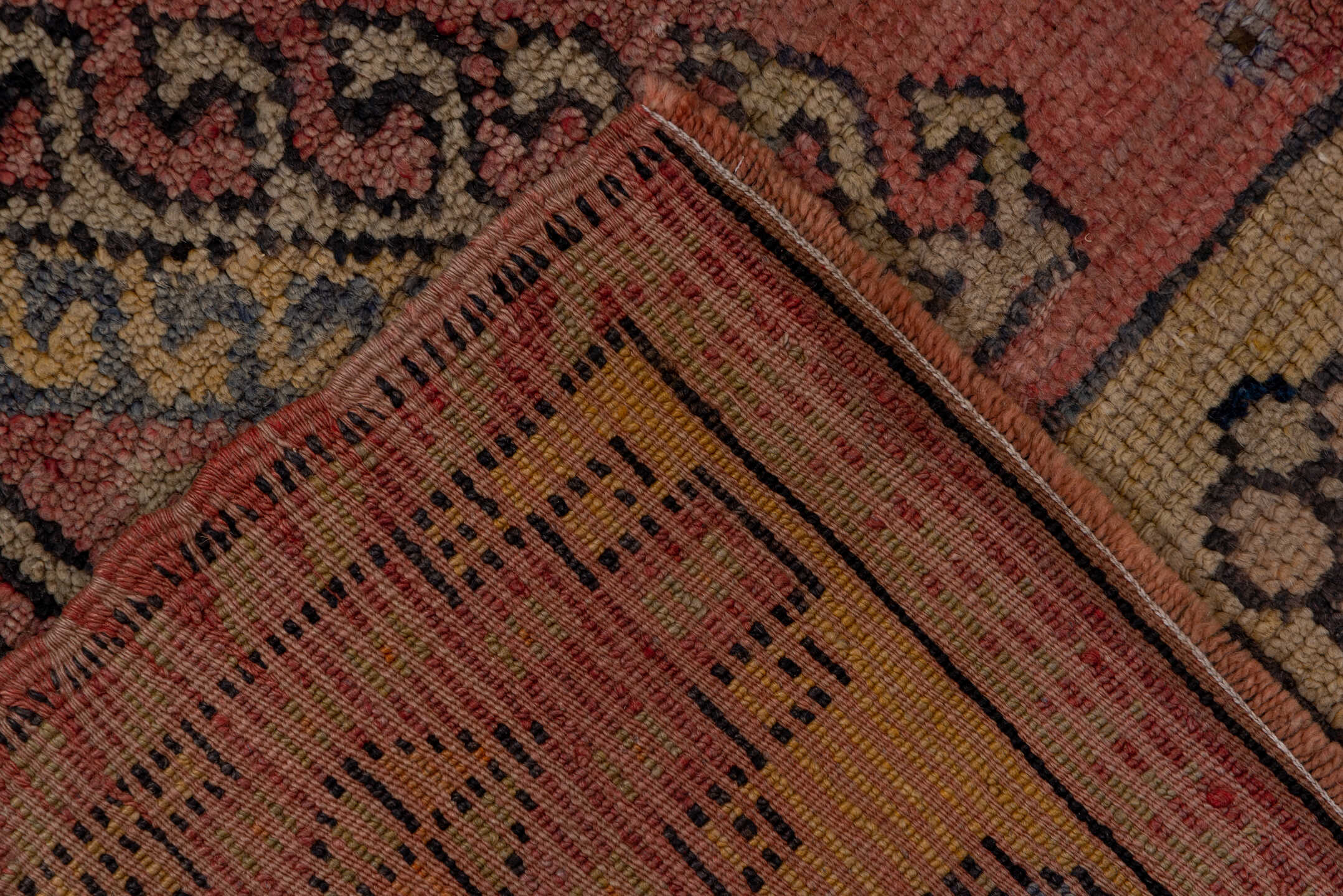 4' x 10' one-of-a-kind handmade vintage Oushak runner rug. Color palette: camel, rust, blue, ivory, charcoal, rose, taupe