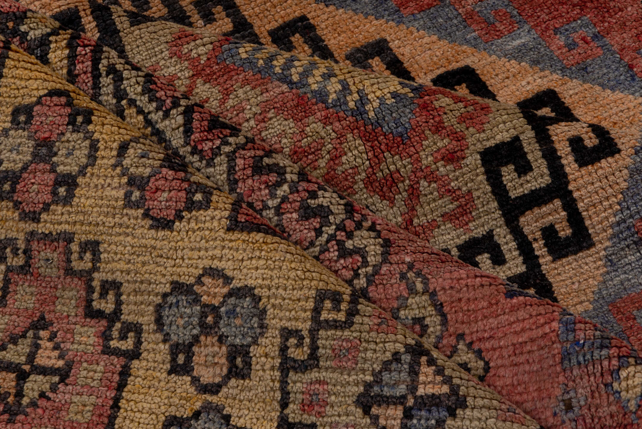 4' x 10' one-of-a-kind handmade vintage Oushak runner rug. Color palette: camel, rust, blue, ivory, charcoal, rose, taupe