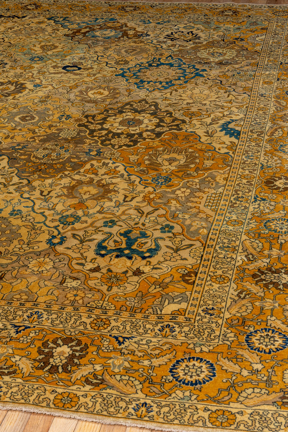 9' x 12' one-of-a-kind handmade vintage Tabriz large size rug. Color palette: black, blue, brown, burlywood, charcoal, gray