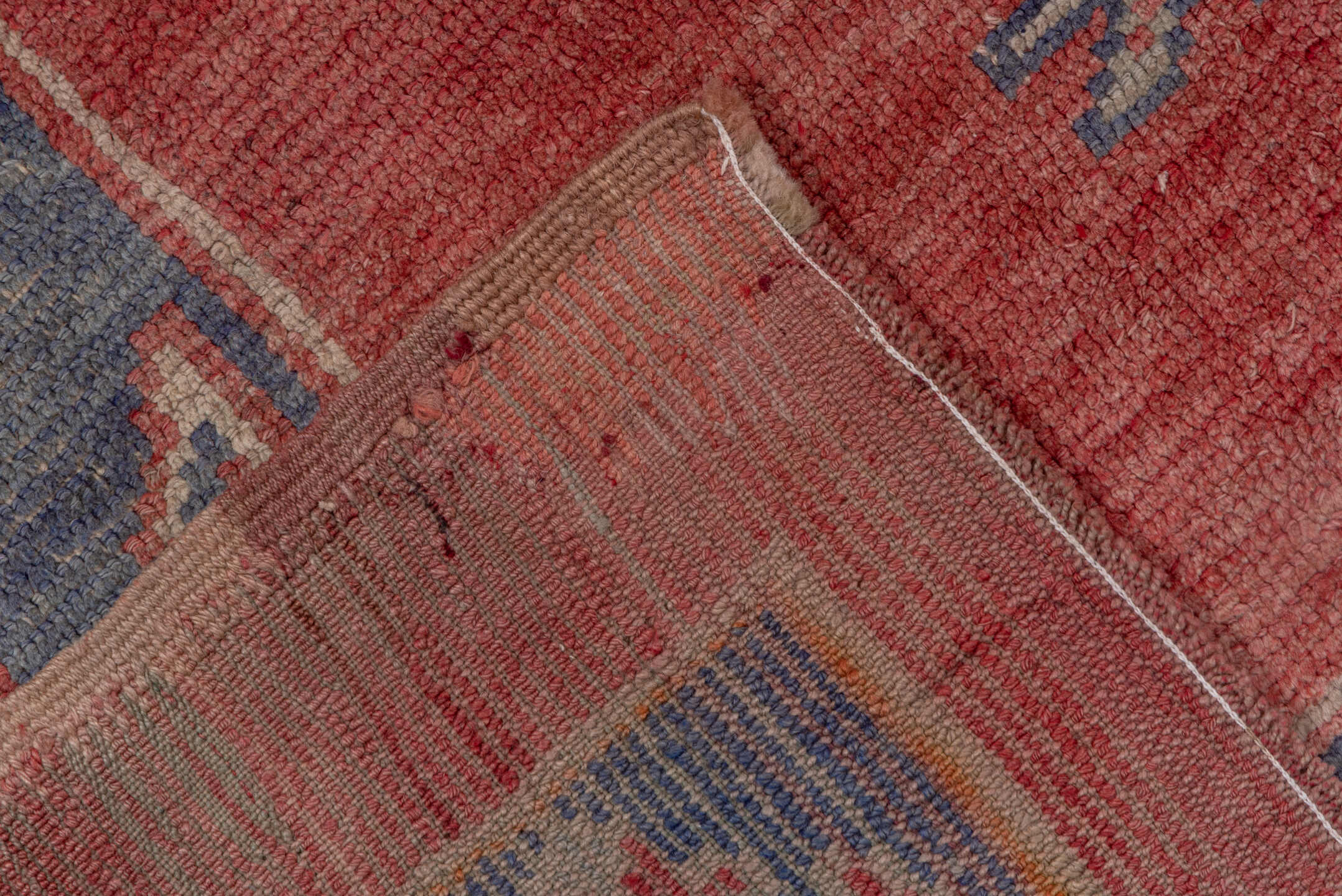 4' x 10' one-of-a-kind handmade vintage Oushak runner rug. Color palette: terra cotta, slate, ivory, rose, dusty blue, taupe