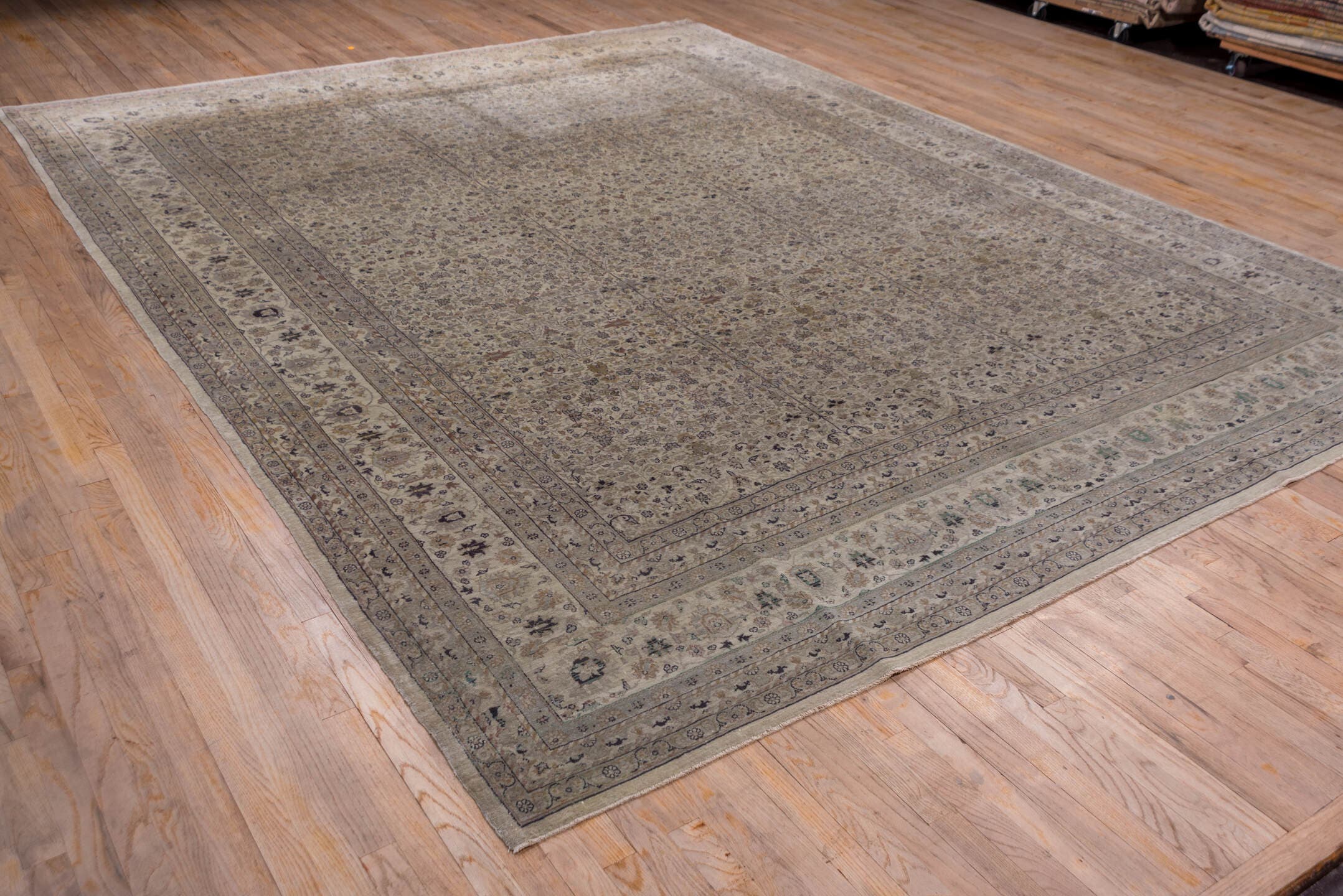 10' x 13' one-of-a-kind handmade vintage large size rug. Color palette: ivory, taupe, beige, soft blue, rose, brown, sage