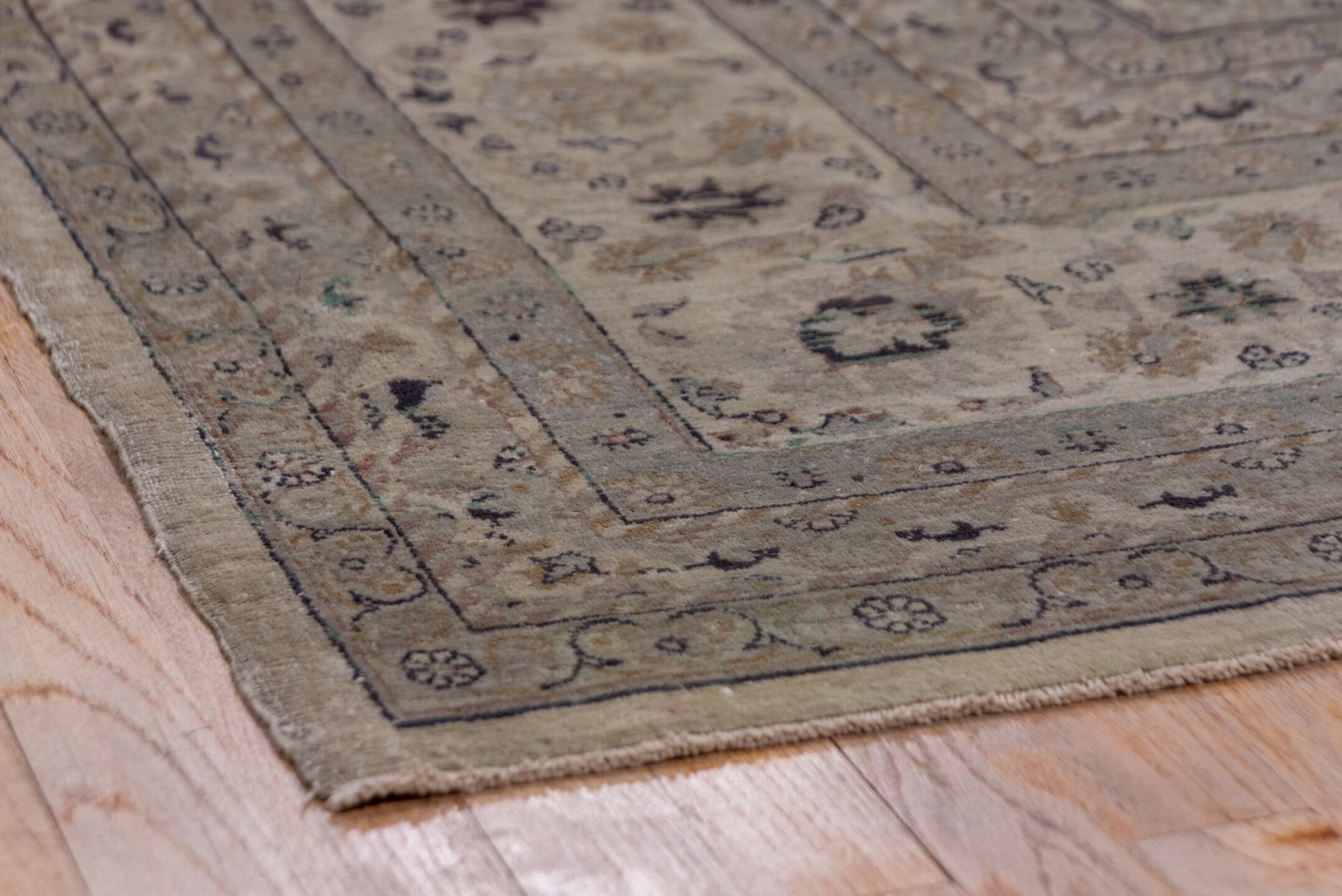 10' x 13' one-of-a-kind handmade vintage large size rug. Color palette: ivory, taupe, beige, soft blue, rose, brown, sage