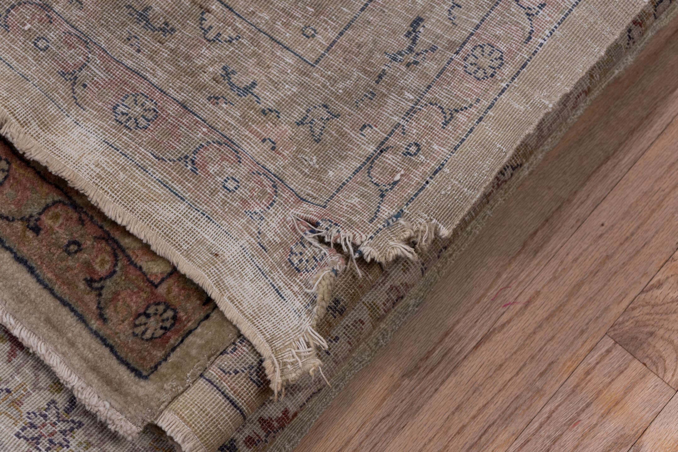 10' x 13' one-of-a-kind handmade vintage large size rug. Color palette: ivory, taupe, beige, soft blue, rose, brown, sage