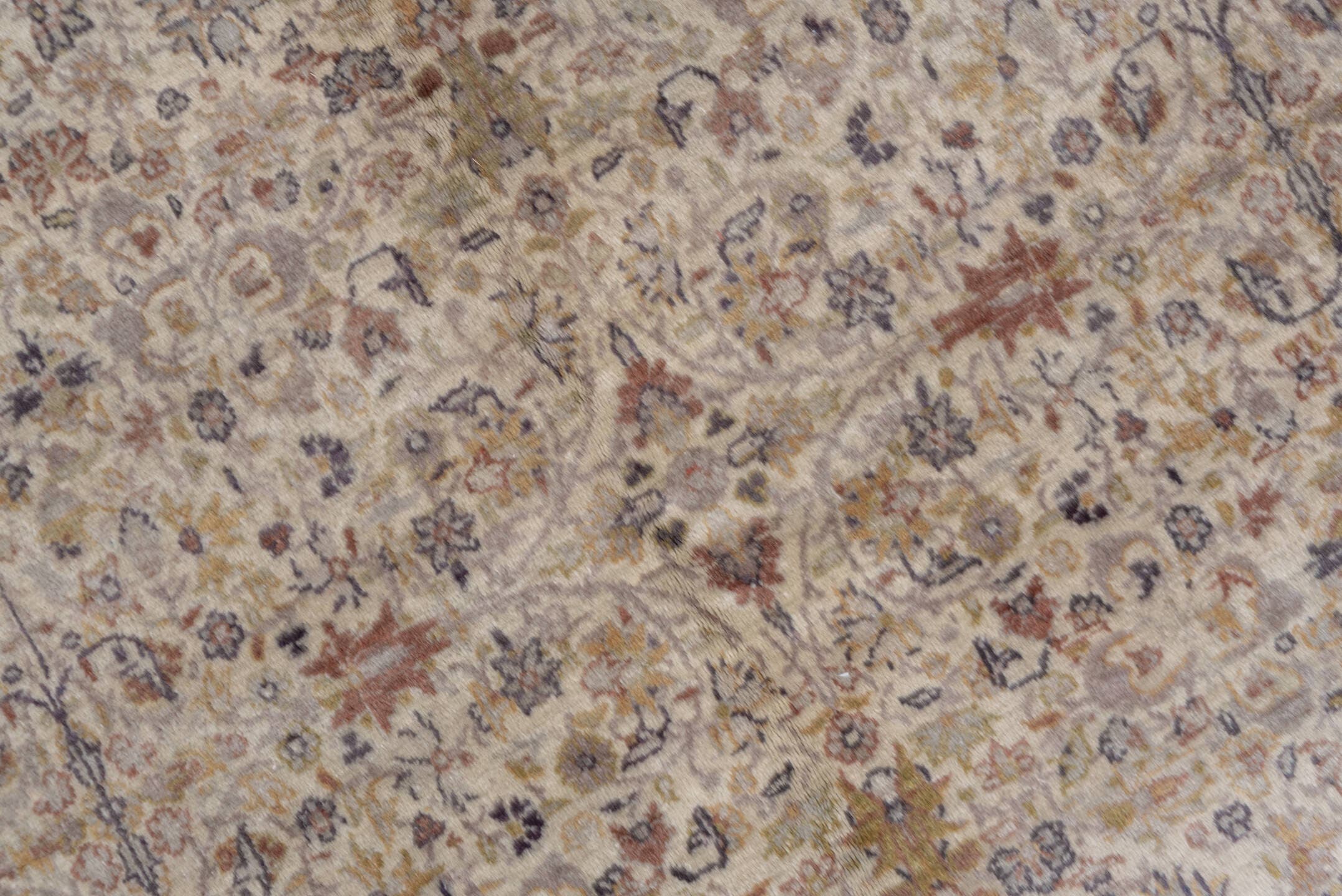 10' x 13' one-of-a-kind handmade vintage large size rug. Color palette: ivory, taupe, beige, soft blue, rose, brown, sage