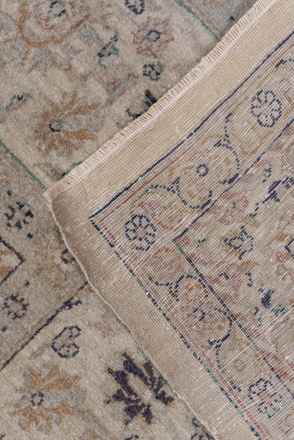 10' x 13' one-of-a-kind handmade vintage large size rug. Color palette: ivory, taupe, beige, soft blue, rose, brown, sage