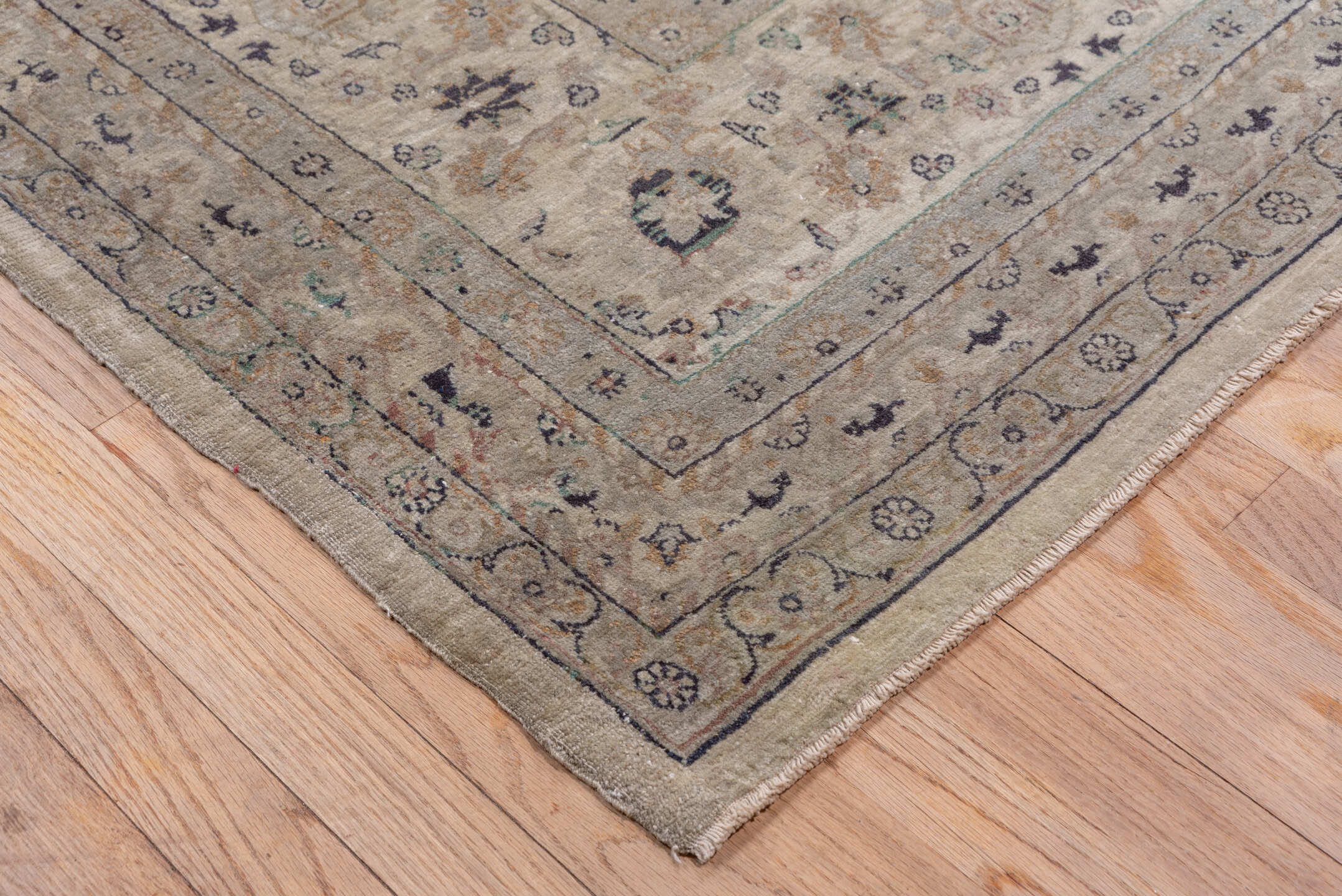10' x 13' one-of-a-kind handmade vintage large size rug. Color palette: ivory, taupe, beige, soft blue, rose, brown, sage