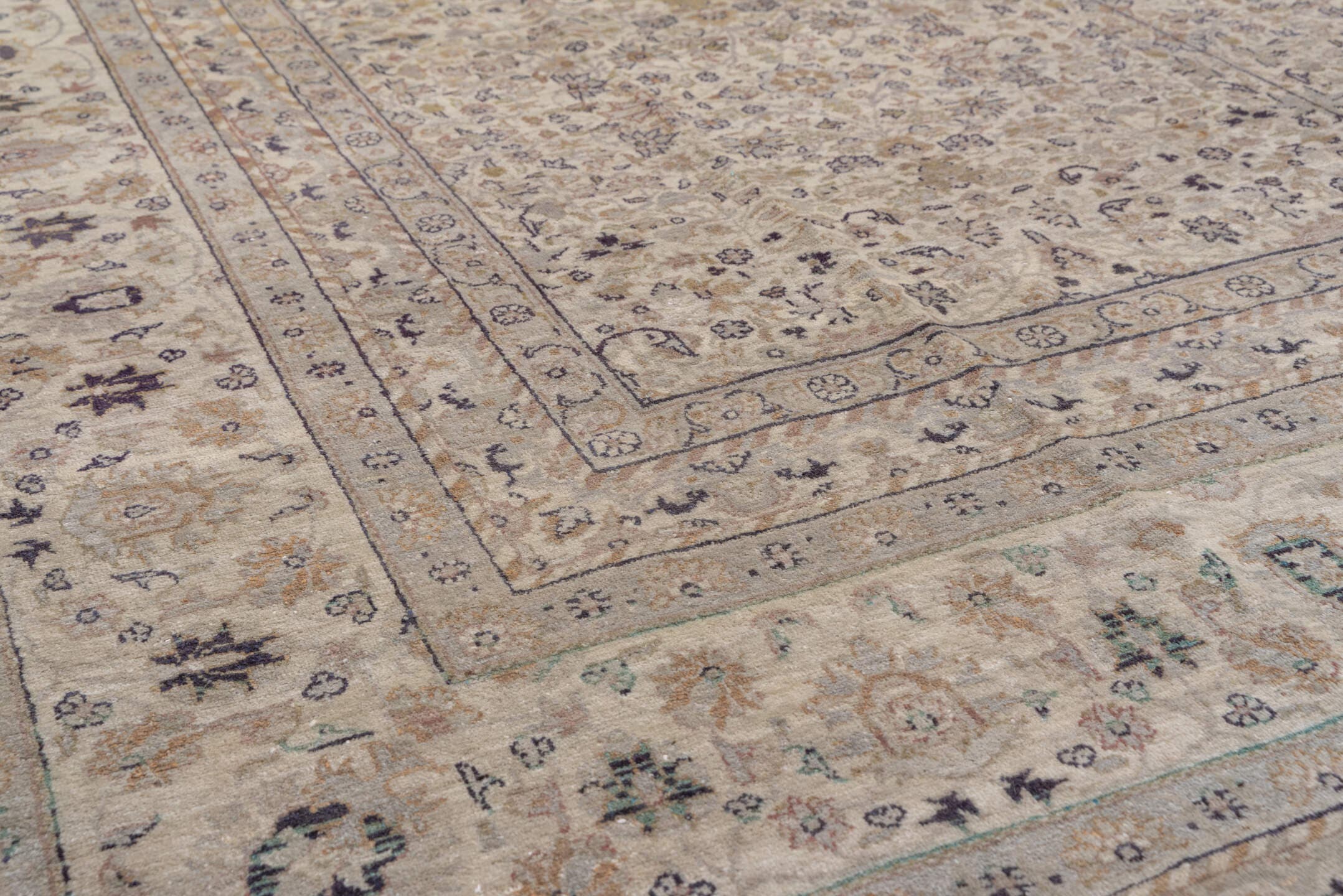 10' x 13' one-of-a-kind handmade vintage large size rug. Color palette: ivory, taupe, beige, soft blue, rose, brown, sage