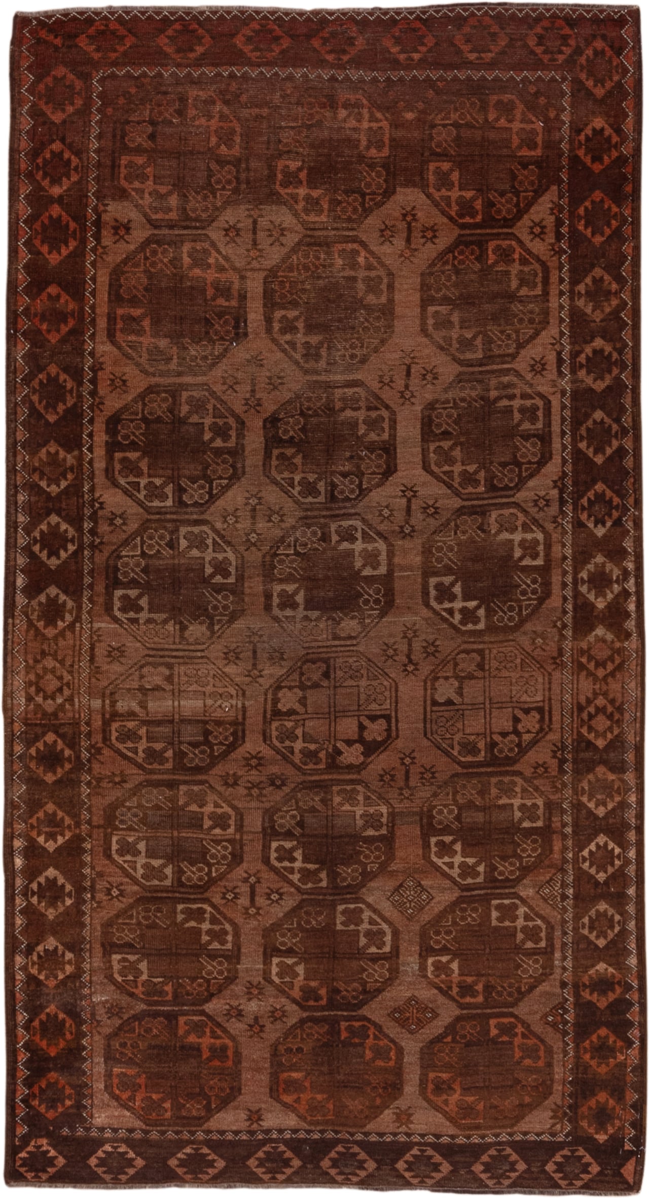 4' x 7' one-of-a-kind handmade antique Afghan rug. Color palette: brown, rust, camel, mahogany, taupe, terra cotta, charcoal