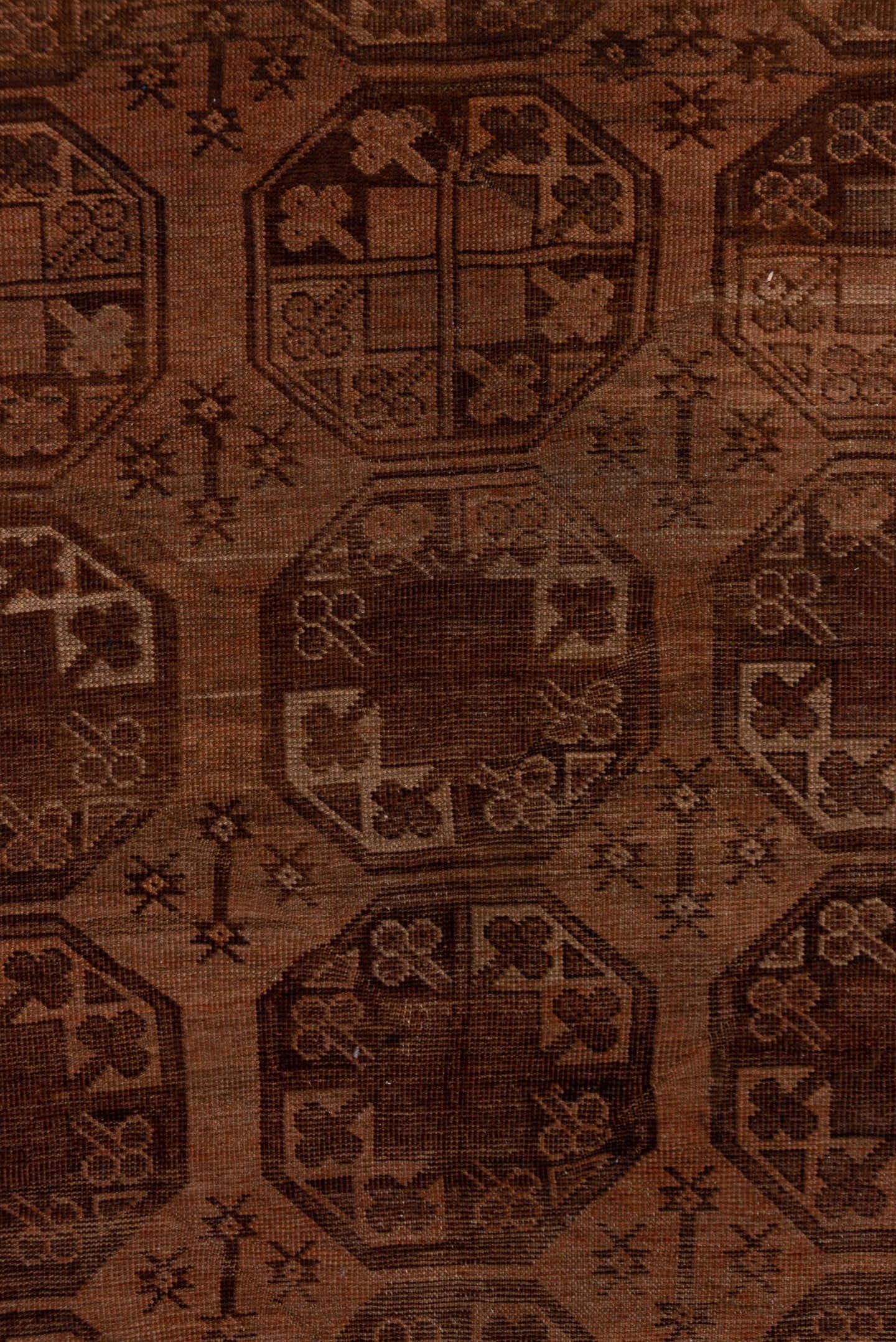 4' x 7' one-of-a-kind handmade antique Afghan rug. Color palette: brown, rust, camel, mahogany, taupe, terra cotta, charcoal