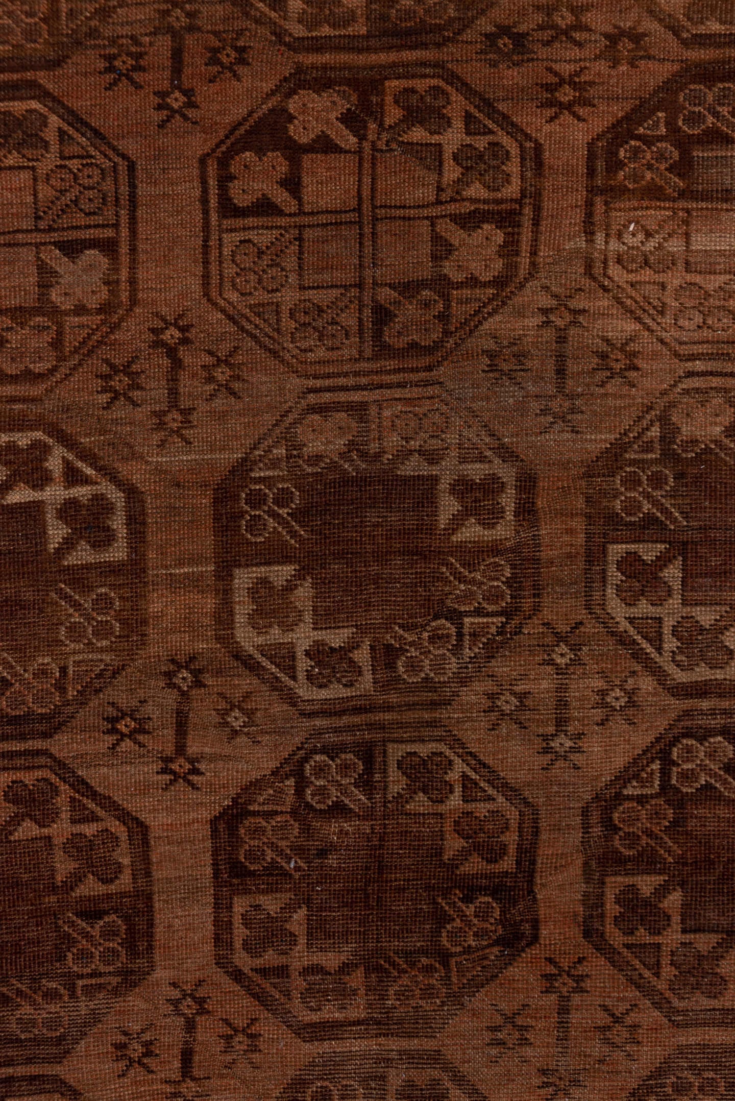 4' x 7' one-of-a-kind handmade antique Afghan rug. Color palette: brown, rust, camel, mahogany, taupe, terra cotta, charcoal