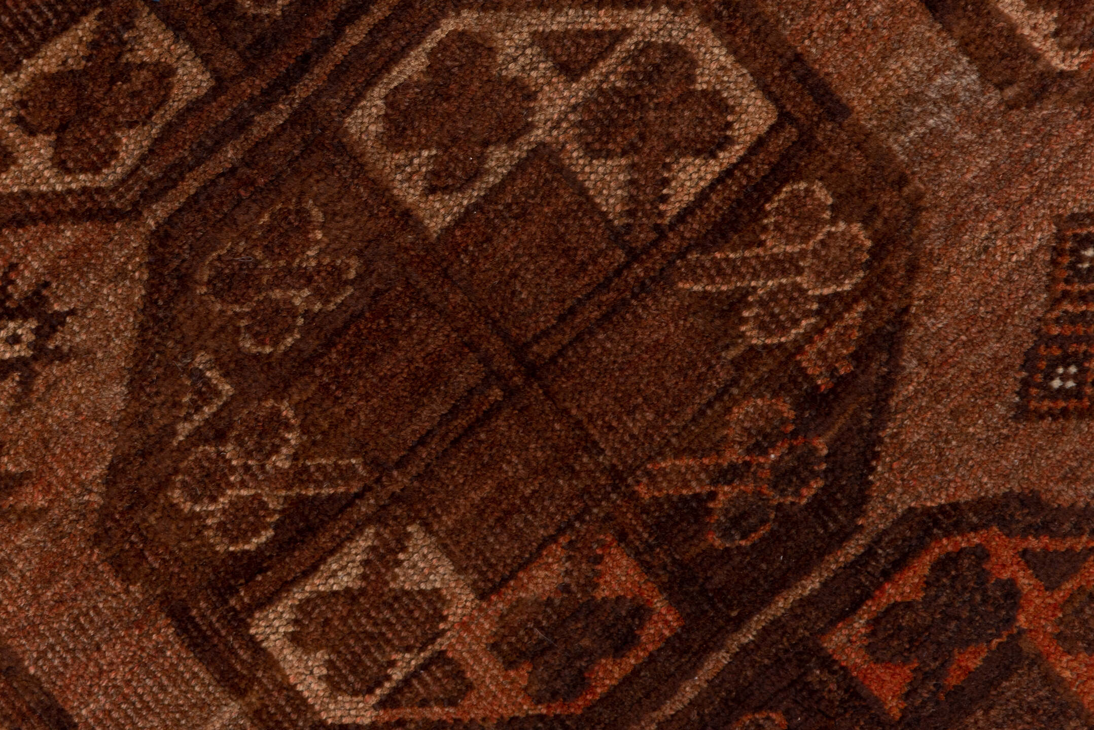 4' x 7' one-of-a-kind handmade antique Afghan rug. Color palette: brown, rust, camel, mahogany, taupe, terra cotta, charcoal