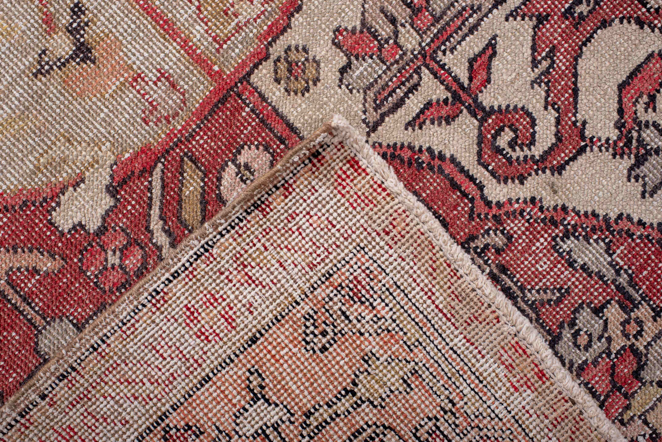 4' x 7' one-of-a-kind handmade vintage Oushak rug. Color palette: black, brown, gray, light gray, pink, red, redwood, wine