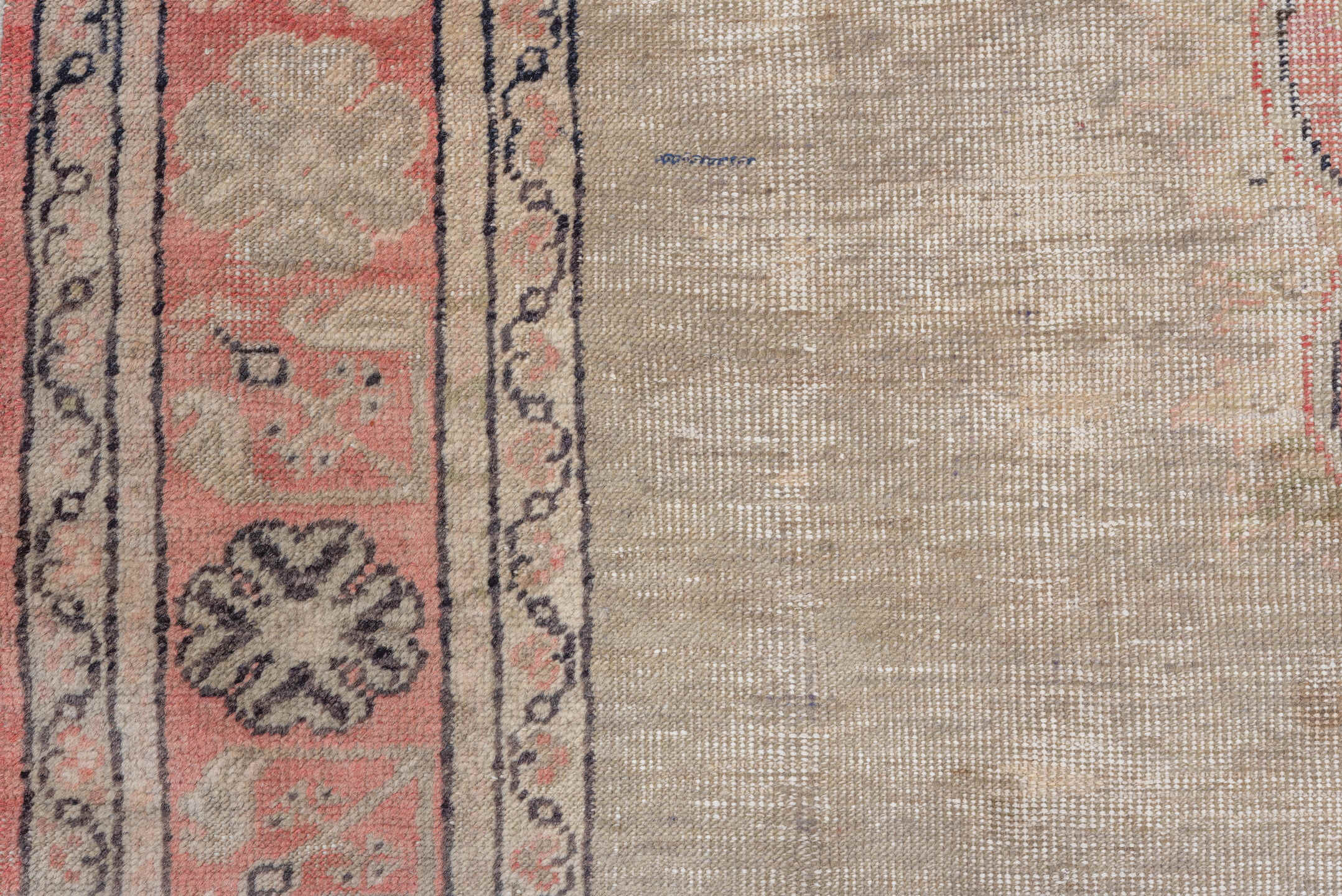 6' x 9' one-of-a-kind handmade vintage Oushak medium size rug. Color palette: brown, gray, light gray, off-white, pink, red