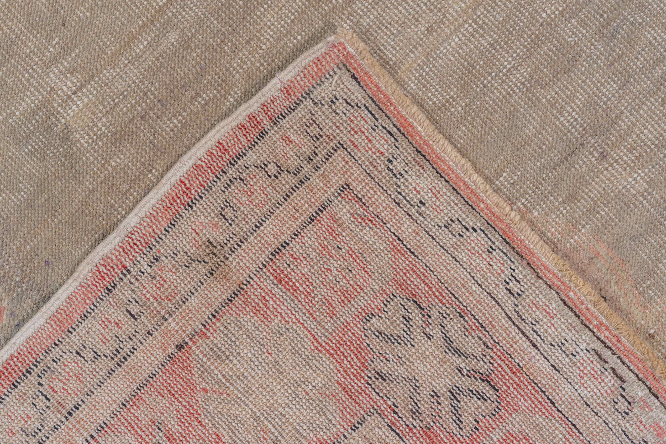 6' x 9' one-of-a-kind handmade vintage Oushak medium size rug. Color palette: brown, gray, light gray, off-white, pink, red