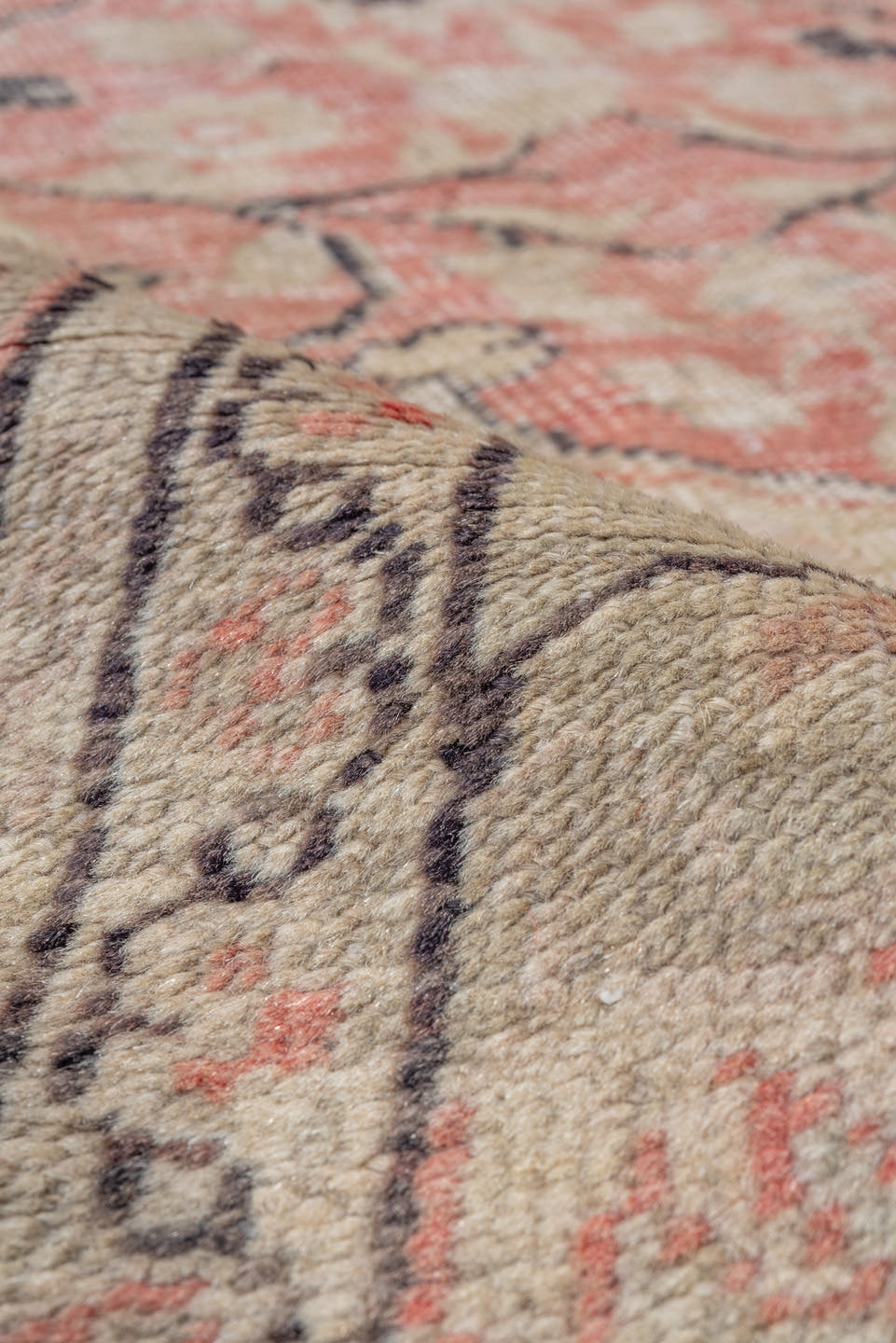 6' x 9' one-of-a-kind handmade antique Oushak medium size rug. Color palette: taupe, blush, ivory, charcoal, rose, beige