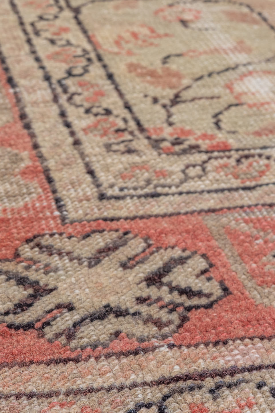 6' x 9' one-of-a-kind handmade antique Oushak medium size rug. Color palette: taupe, blush, ivory, charcoal, rose, beige