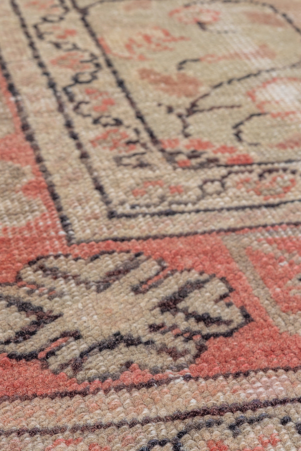 6' x 9' one-of-a-kind handmade vintage Oushak medium size rug. Color palette: brown, gray, light gray, off-white, pink, red